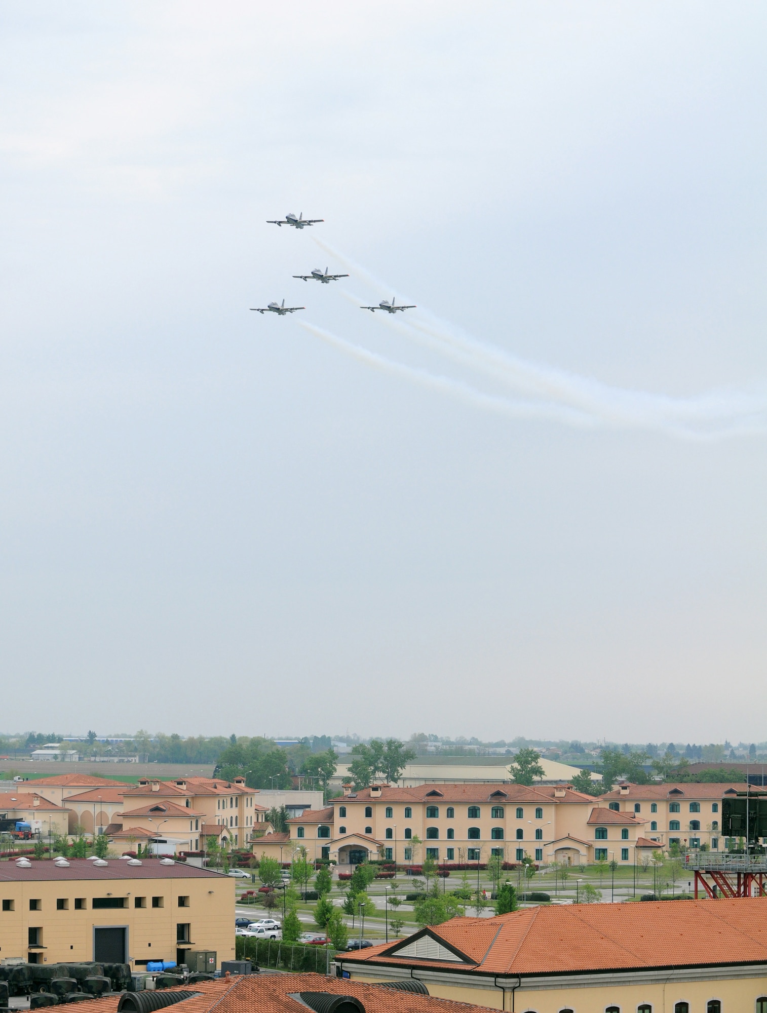 Jets from the Italian aerobatic team, Frecce Tricolori, fly over Aviano Air Base during a practice run April 23. For more information on the Frecce Tricolori, visit www.freccetricolori.org. (U.S. Air Force photo/Staff Sgt. Justin Weaver)
