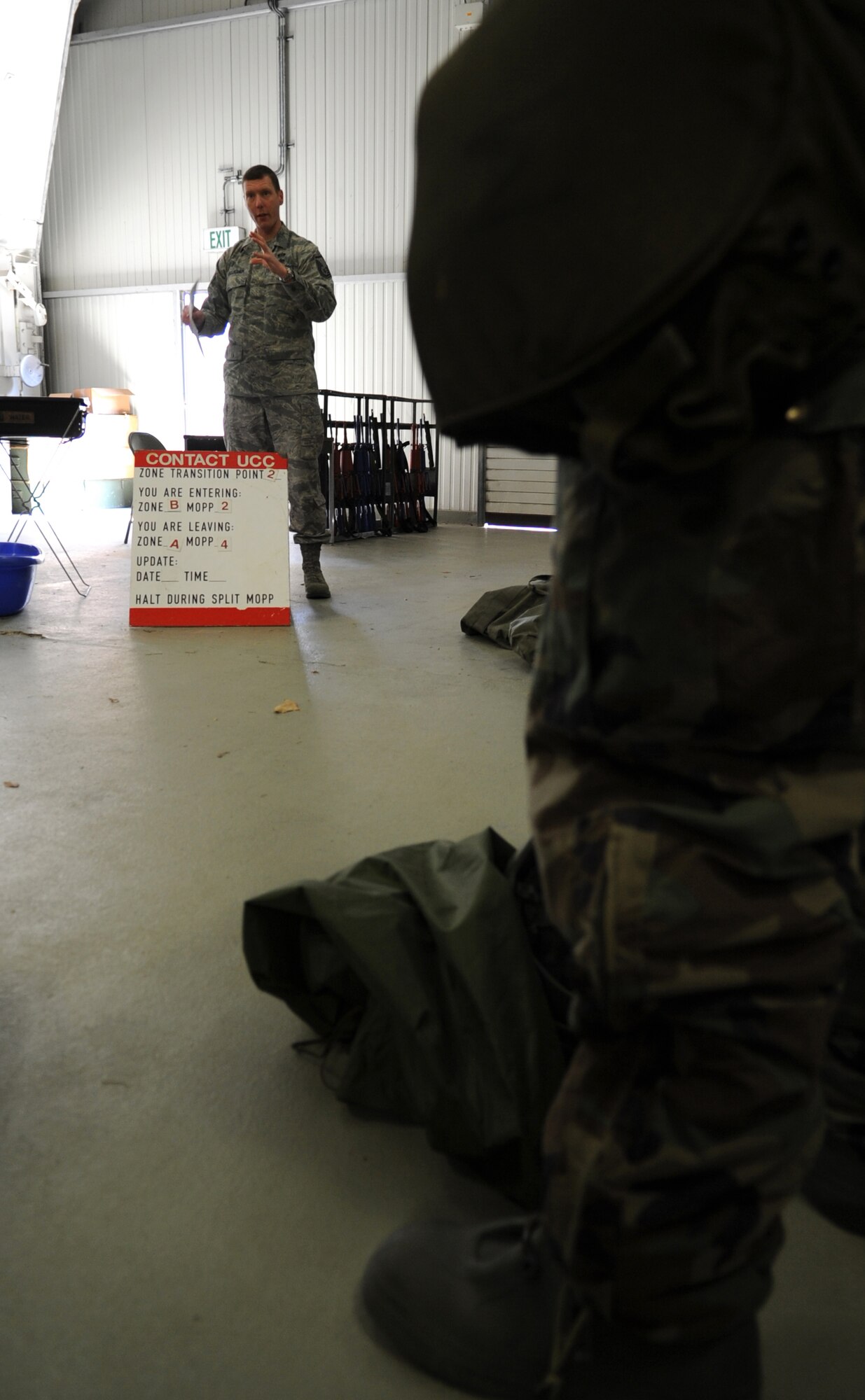 U.S. Air Force Master Sgt. David Gallagher, 86th Airlift Wing vice commanders inspection exercise development and inspection and readiness planner, conducts chemical, biological, radiological, nuclear and high yield explosives training in support of the upcoming Operations Readiness Inspection (ORI), Ramstein Air Base, Germany, April 23, 2010. Preparation for the ORI allows Air Force members to build on strengths and indentify weaknesses in order to better support future missions. (U.S. Air Force Photo by Airman 1st Class Caleb Pierce)