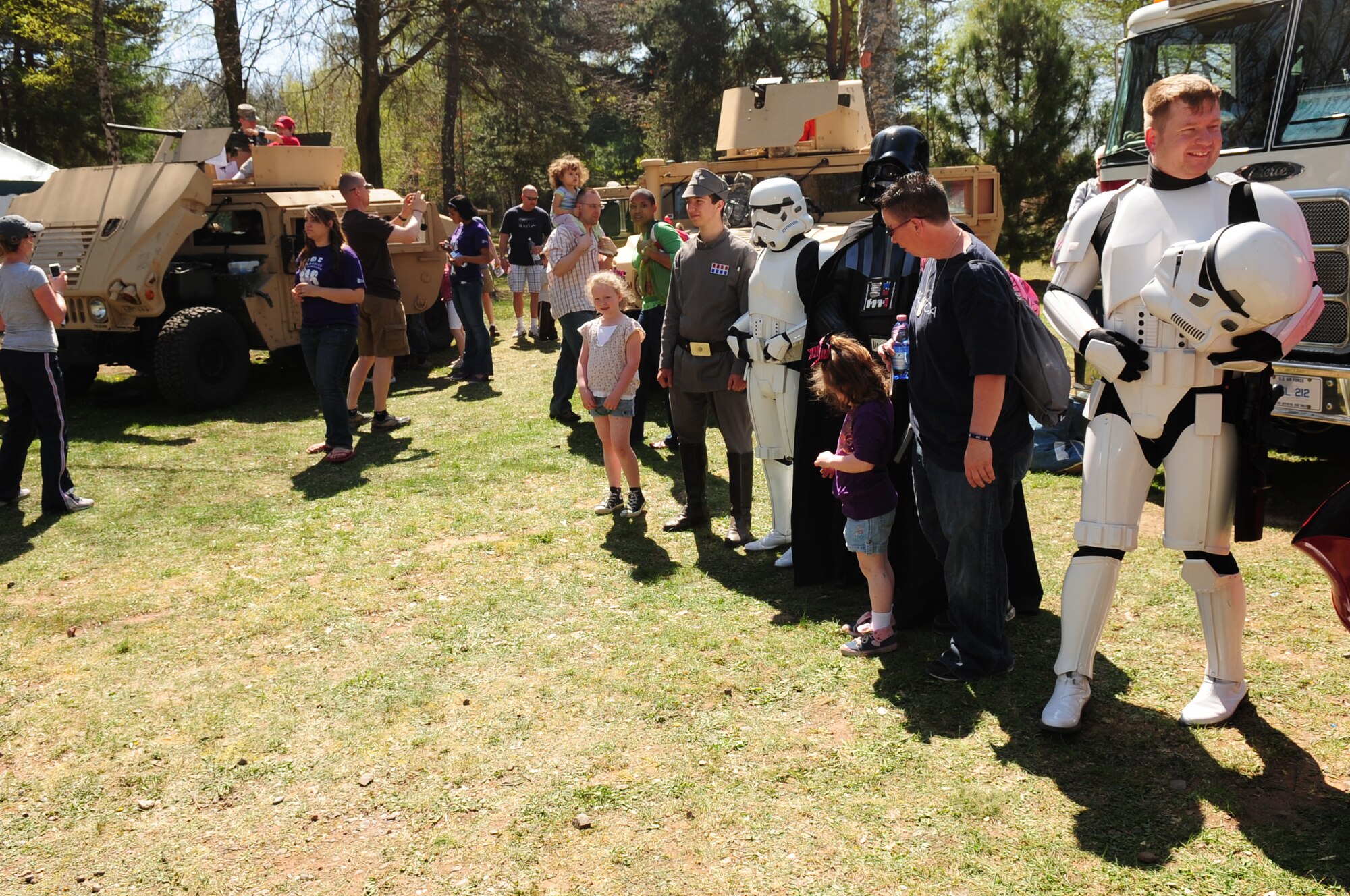 Volunteers dress up as superheroes and Star Wars characters for the Kids Festival, Pulaski Barracks, Germany, April 24, 2010.  The festival was held as a finale for Month of the Military Child.  Military members and NATO ID card holders were invited to come out and show their appreciation for the children.(U.S. Air Force photo by Staff Sgt. Jocelyn Rich)