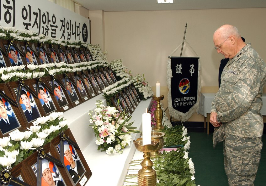 Chaplain (Maj. Gen.) Chief of Chaplains, Headquarters U.S. Air Force takes time to pay his respects to mourn the Republic of Korea Navy sailors killed in the sinking of the Cheonan naval patrol ship last month. 

The Republic of Korea government has declared April 25-29 a 5-day mourning period for the sailors. 

Places have been set up at military bases around the country where people can go and express their condolences. 

The designated location here at Kunsan AB is at the ROKAF visitor center located at the back gate. A white banner of mourning is displayed on the front of the building.

Anyone wishing to express their condolences at the loss of our Korean Navy allies can do so at the visitor center between the hours 9 a.m. - 9 p.m., April 25 - 29. 

Flowers will be available to lay as a memorial to the fallen sailors.
Dress will be uniform of the day. 





