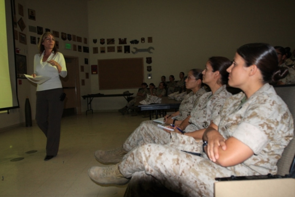 Jennifer Husung, the Sexual Assault Response coordinator and the Sexual Assault Prevention and Response Program manager, speaks with the women of Headquarters Battalion during a sexual assault brief at the Tactical Training Exercise Control Group April 27.