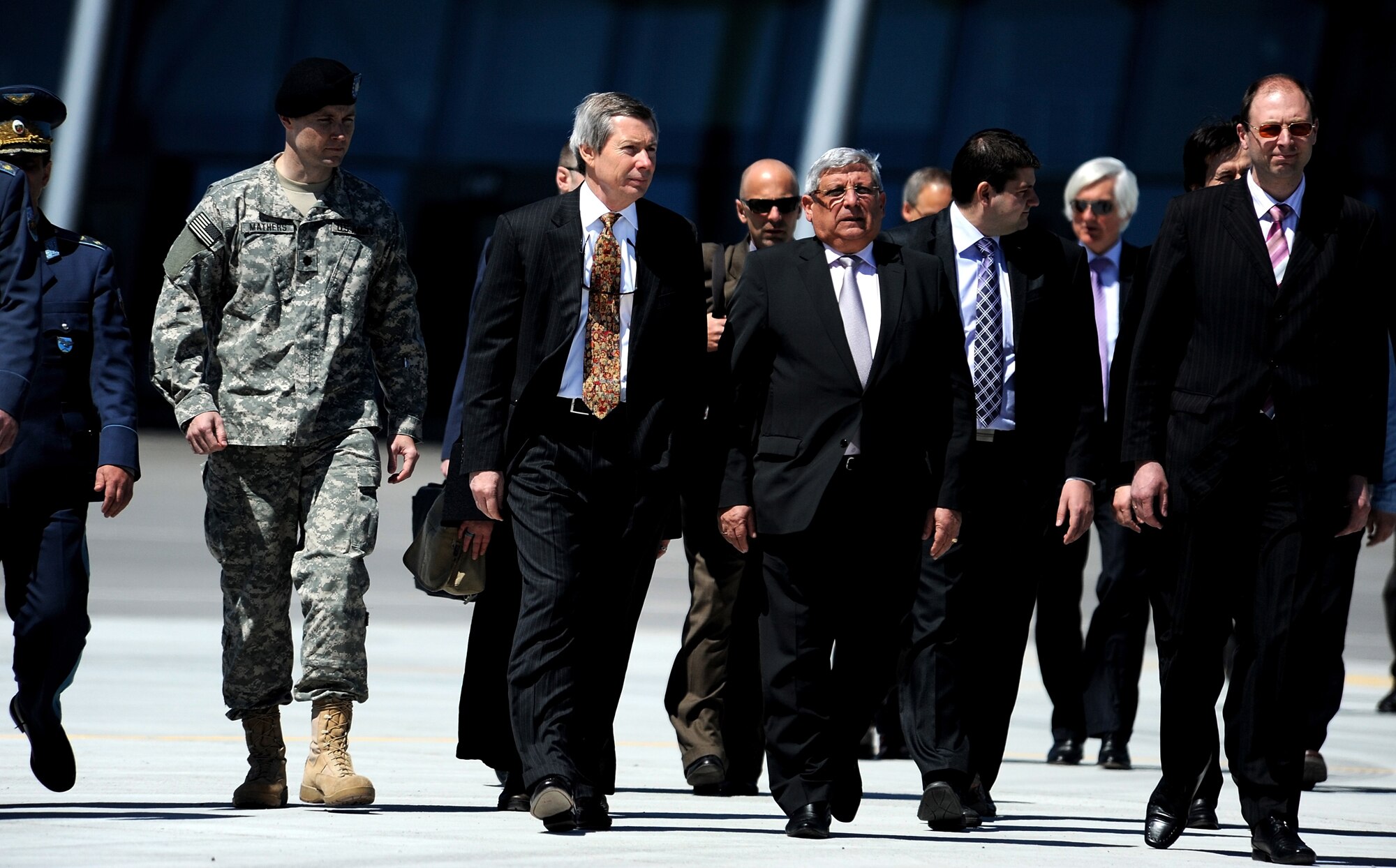 James B. Warlick Jr., U.S. Ambassador to Bulgaria and Anu Anguelov, Bulgarian Minister of Defense, walk to a U.S. Air Force C-130J static display during Thracian Spring 2010’s media day at Plovdiv Airport, April 27, 2010. Thracian Spring is an exercise composed of aircrew, maintenance, airfield management, aerial port, security forces, and logistics personnel that combine their skill in an effort to build and strengthen the United States and Bulgarian Air Forces’ bond while improving interoperability with our partner NATO nation. (U.S. Air Force photo by Master Sgt. Quinton T. Burris)