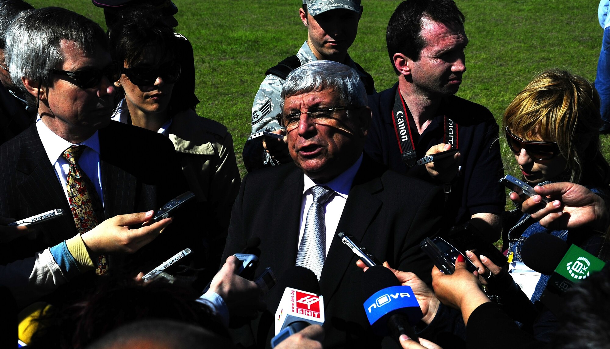 Anu Anguelov, Bulgarian Minister of Defense, and James B. Warlick Jr., U.S. Ambassador to Bulgaria, answers questions from the Bulgarian media during Thracian Spring 2010’s media day at Plovdiv Airport, April 27, 2010. Thracian Spring is an exercise composed of aircrew, maintenance, airfield management, aerial port, security forces, and logistics personnel that combine their skill in an effort to build and strengthen the United States and Bulgarian Air Forces’ bond while improving interoperability with our partner NATO nation. (U.S. Air Force photo by Master Sgt. Quinton T. Burris)