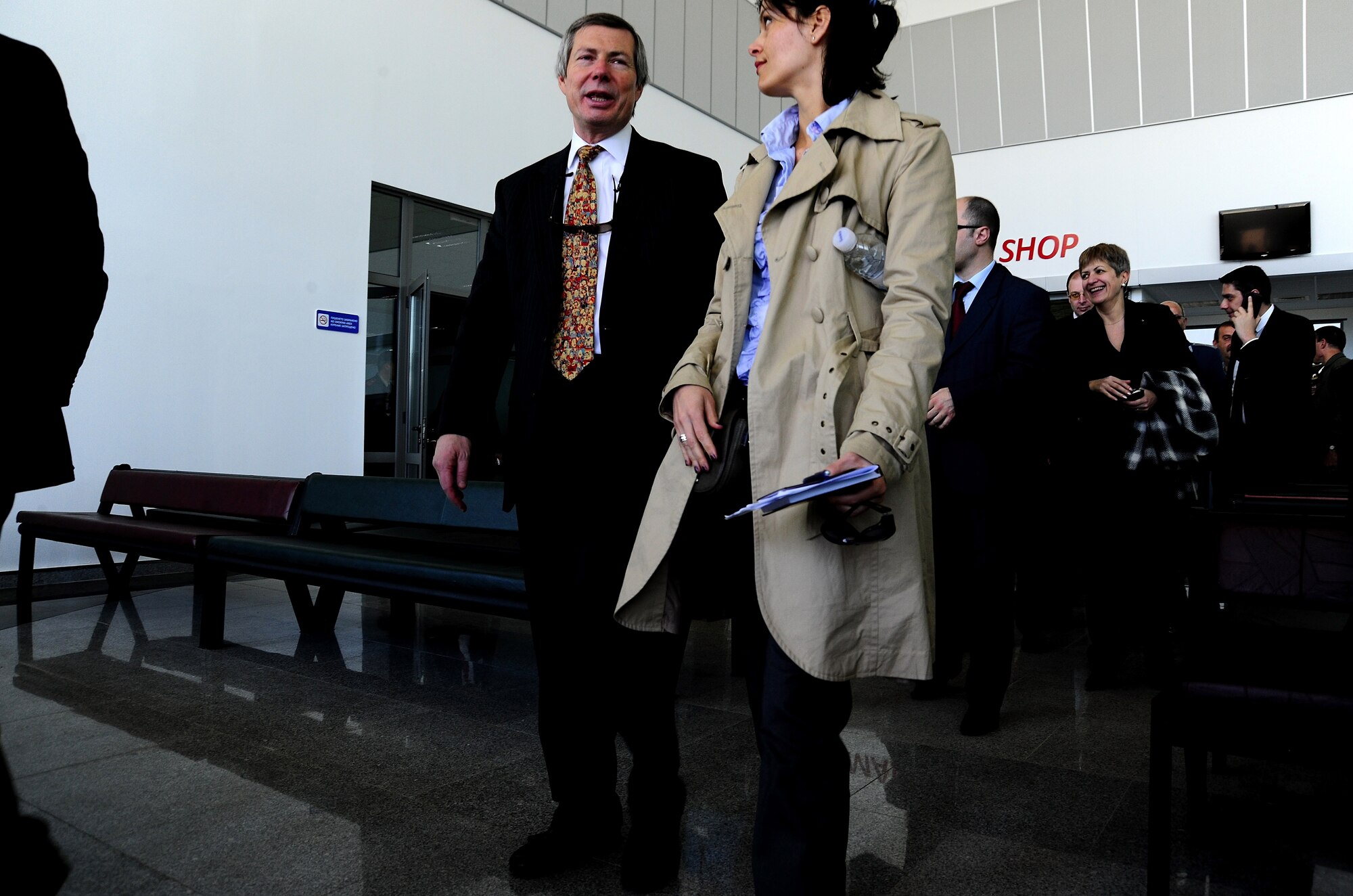 James B. Warlick Jr., U.S. Ambassador to Bulgaria, speaks with a member of the media prior to watching paratroopers jump from a U.S. Air Force C-130J during Thracian Spring 2010’s media day at Plovdiv Airport, April 27, 2010. Thracian Spring is an exercise composed of aircrew, maintenance, airfield management, aerial port, security forces, and logistics personnel that combine their skill in an effort to build and strengthen the United States and Bulgarian Air Forces’ bond while improving interoperability with our partner NATO nation. (U.S. Air Force photo by Master Sgt. Quinton T. Burris)