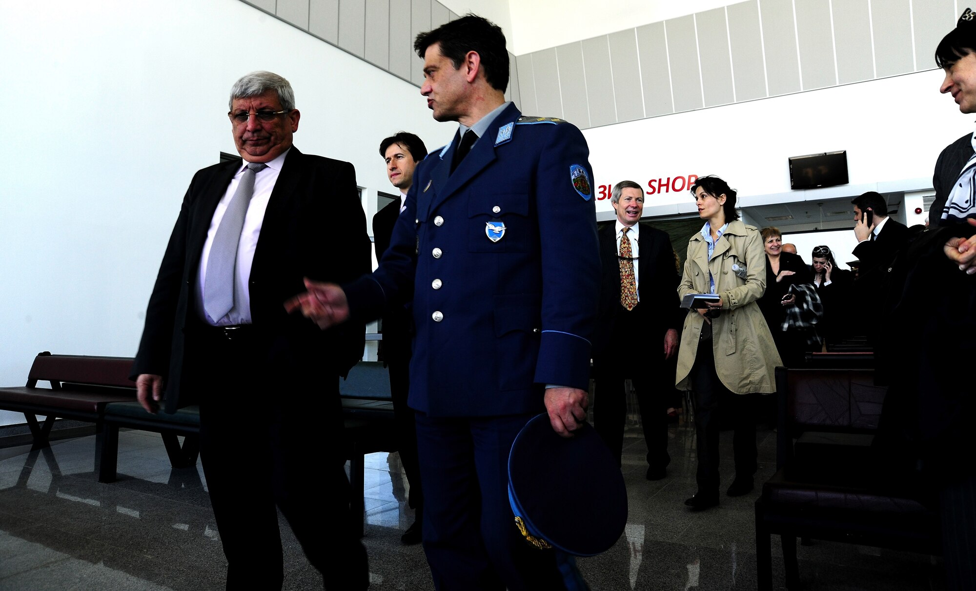Bulgarian Minister of Defense Anu Anguelov speaks with a Bulgarian Air Force member prior to watching paratroopers jump from a U.S. Air Force C-130J during Thracian Spring 2010’s media day at Plovdiv Airport, April 27, 2010. Thracian Spring is an exercise composed of aircrew, maintenance, airfield management, aerial port, security forces, and logistics personnel that combine their skill in an effort to build and strengthen the United States and Bulgarian Air Forces’ bond while improving interoperability with our partner NATO nation. (U.S. Air Force photo by Master Sgt. Quinton T. Burris)