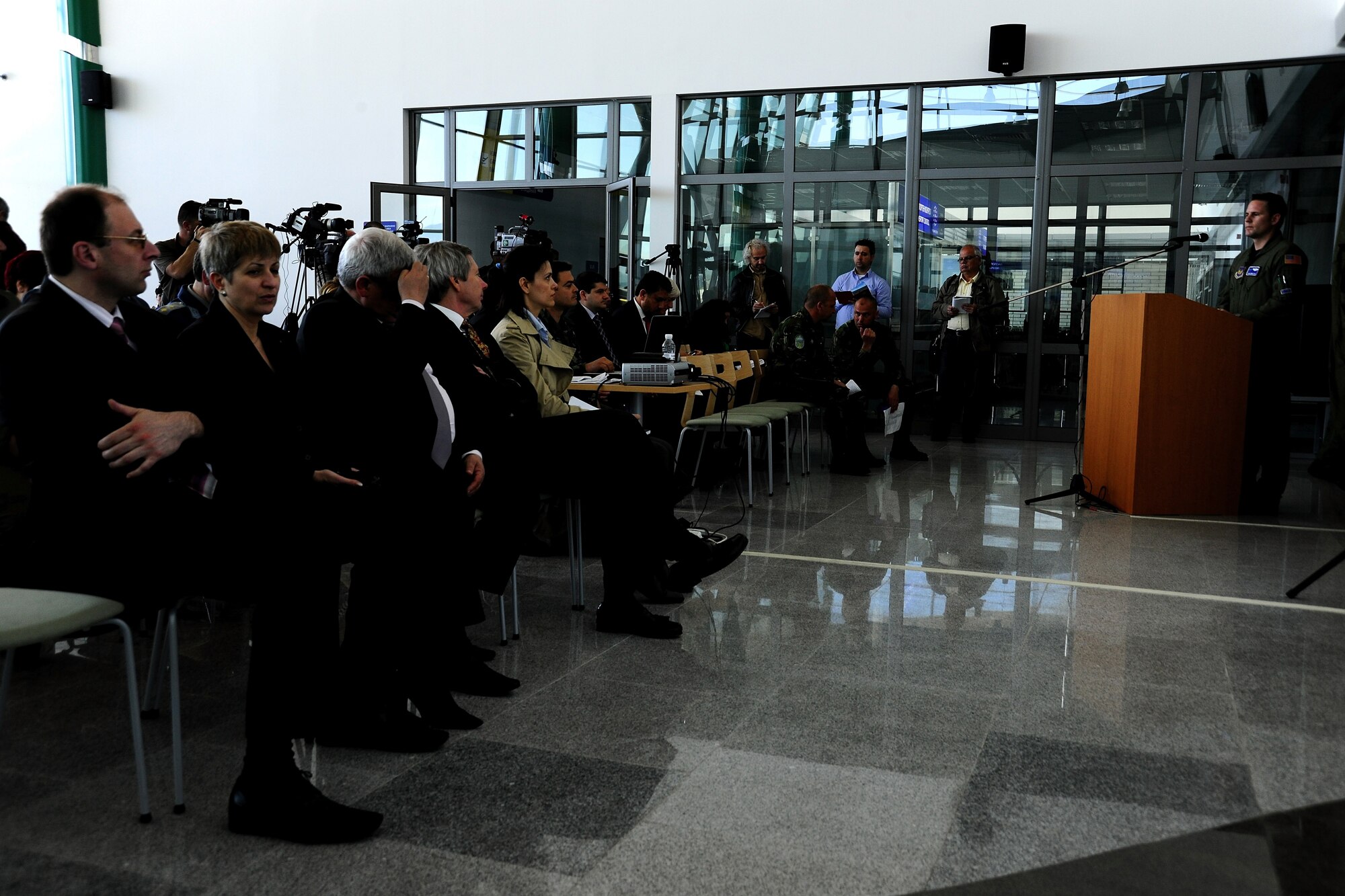 U.S. Air Force Capt. Adam Wantuck, C-130J pilot from the 37th Airlift Squadron, briefs Anu Anguelov, Bulgarian Minister of Defense, and James B. Warlick Jr., U.S. Ambassador to Bulgaria, and the Bulgarian media during Thracian Spring 2010’s media day at Plovdiv Airport, April 27, 2010. Thracian Spring is an exercise composed of aircrew, maintenance, airfield management, aerial port, security forces, and logistics personnel that combine their skill in an effort to build and strengthen the United States and Bulgarian Air Forces’ bond while improving interoperability with our partner NATO nation. (U.S. Air Force photo by Master Sgt. Quinton T. Burris)