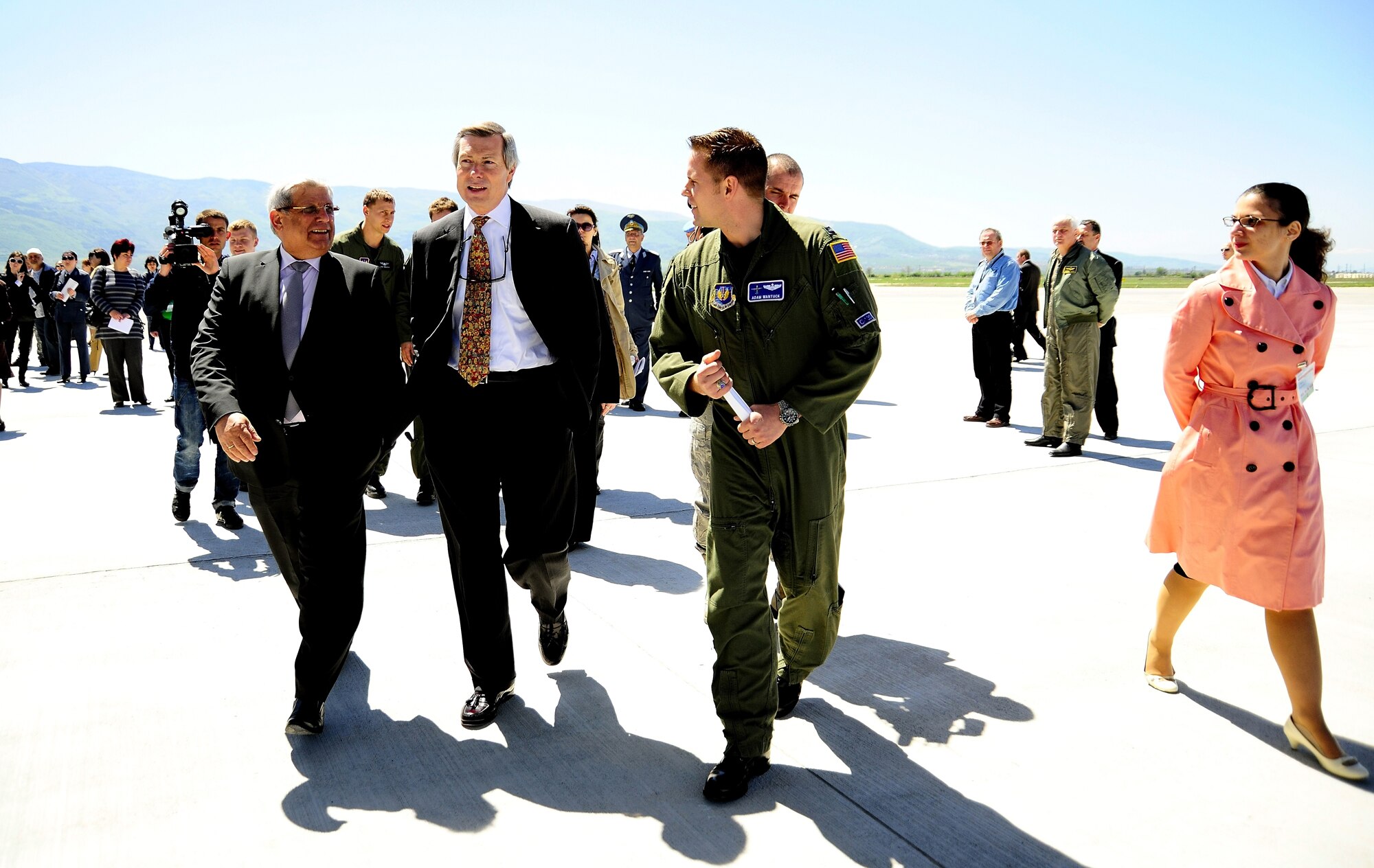 U.S. Air Force Capt. Adam Wantuck, C-130J pilot from the 37th Airlift Squadron, escorts Anu Anguelov, Bulgarian Minister of Defense, and James B. Warlick Jr., U.S. Ambassador to Bulgaria, to a static display of a C-130J during Thracian Spring 2010’s media day at Plovdiv Airport, April 27, 2010. Thracian Spring is an exercise composed of aircrew, maintenance, airfield management, aerial port, security forces, and logistics personnel that combine their skill in an effort to build and strengthen the United States and Bulgarian Air Forces’ bond while improving interoperability with our partner NATO nation. (U.S. Air Force photo by Master Sgt. Quinton T. Burris)