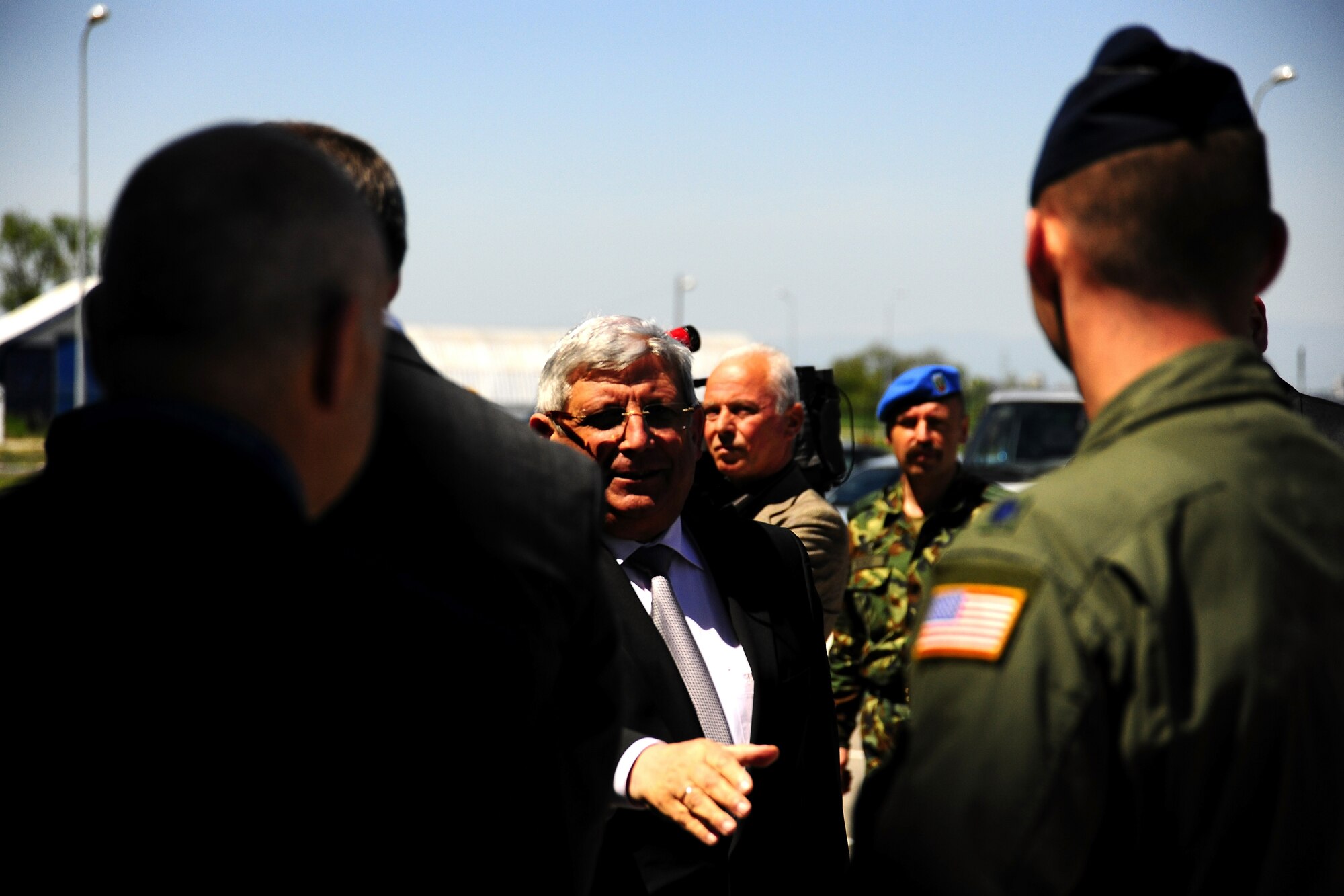 Bulgarian Minister of Defense Anu Anguelov greets U.S. Air Force Lt. Col. Matthew Wehner, 37th Airlift Squadron Deployed Commander, during Thracian Spring 2010’s media day at Plovdiv Airport, April 27, 2010. Thracian Spring is an exercise composed of aircrew, maintenance, airfield management, aerial port, security forces, and logistics personnel that combine their skill in an effort to build and strengthen the United States and Bulgarian Air Forces’ bond while improving interoperability with our partner NATO nation. (U.S. Air Force photo by Master Sgt. Quinton T. Burris)