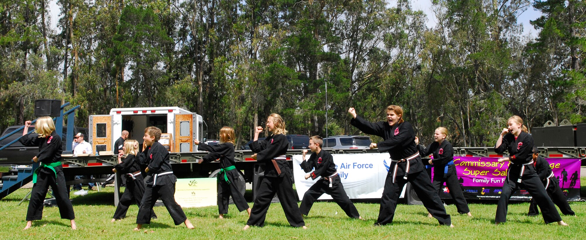 VANDENBERG AIR FORCE BASE, Calif. --  The Universal Kempo Karate Vandenberg Branch demonstrated their belief that defense is the best offense shown by during the Team Vandenberg Kids' Carnival at Cocheo Park here Saturday, April 24, 2010.  The carnival was aimed to promote healthy families and community with games and attractions.  (U.S. Air Force photo/Senior Airman Andrew Satran) 

 

 
 

 

 

 
 

 