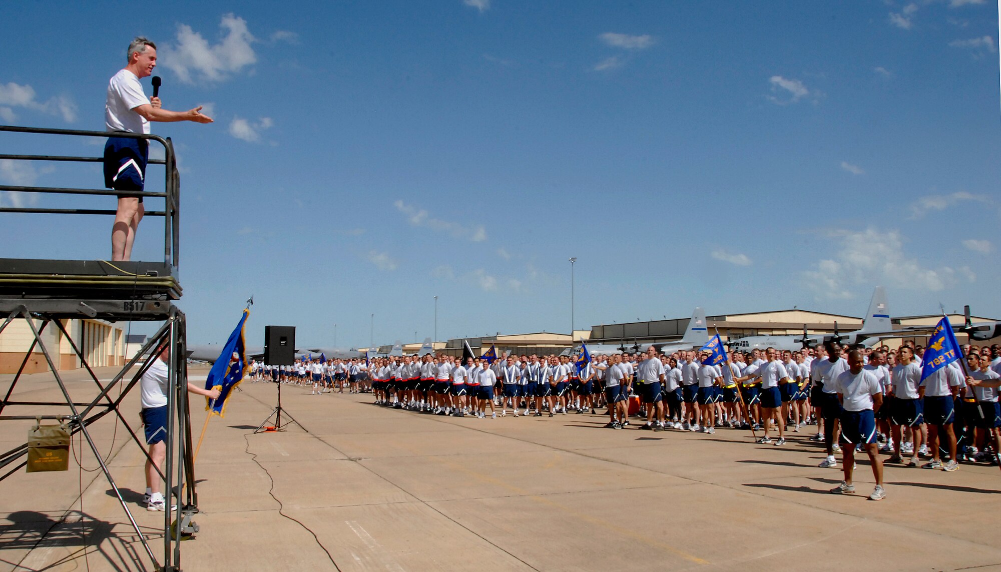 Brig. Gen. O.G. Mannon, 82nd Training Wing commander, gives an encouraging speech to Airmen and civilians assigned to the 82nd TRW after the Wing Run April 23. The general’s speech focused on the importance of being physically fit now and for deployment at any time. (U.S. Air Force photo/Mike Litteken)