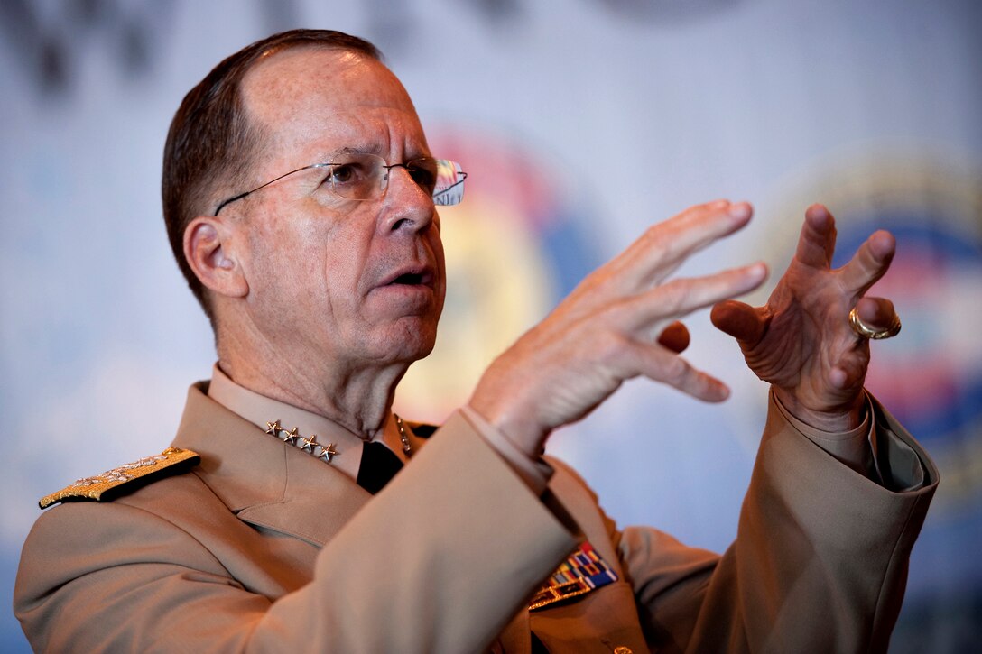 Adm. Mike Mullen, chairman of the Joint Chiefs of Staff, addresses Airmen April 26, 2010, during a visit to the Colorado Air National Guard's 140th Wing at Buckley Air Force Base, Colo.  (Defense Department photo/Petty Officer Chad J. McNeeley)