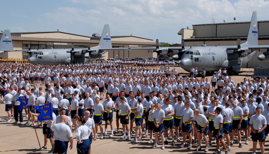 Airmen and civilians assigned to the 82nd Training Wing fall into formation in preparation for the Wing Run April 23, 2010. The Wing Run tradition is a tool used to emphasize physical fitness, increase morale and wing unity. (U.S. Air Force photo/Mike Litteken)