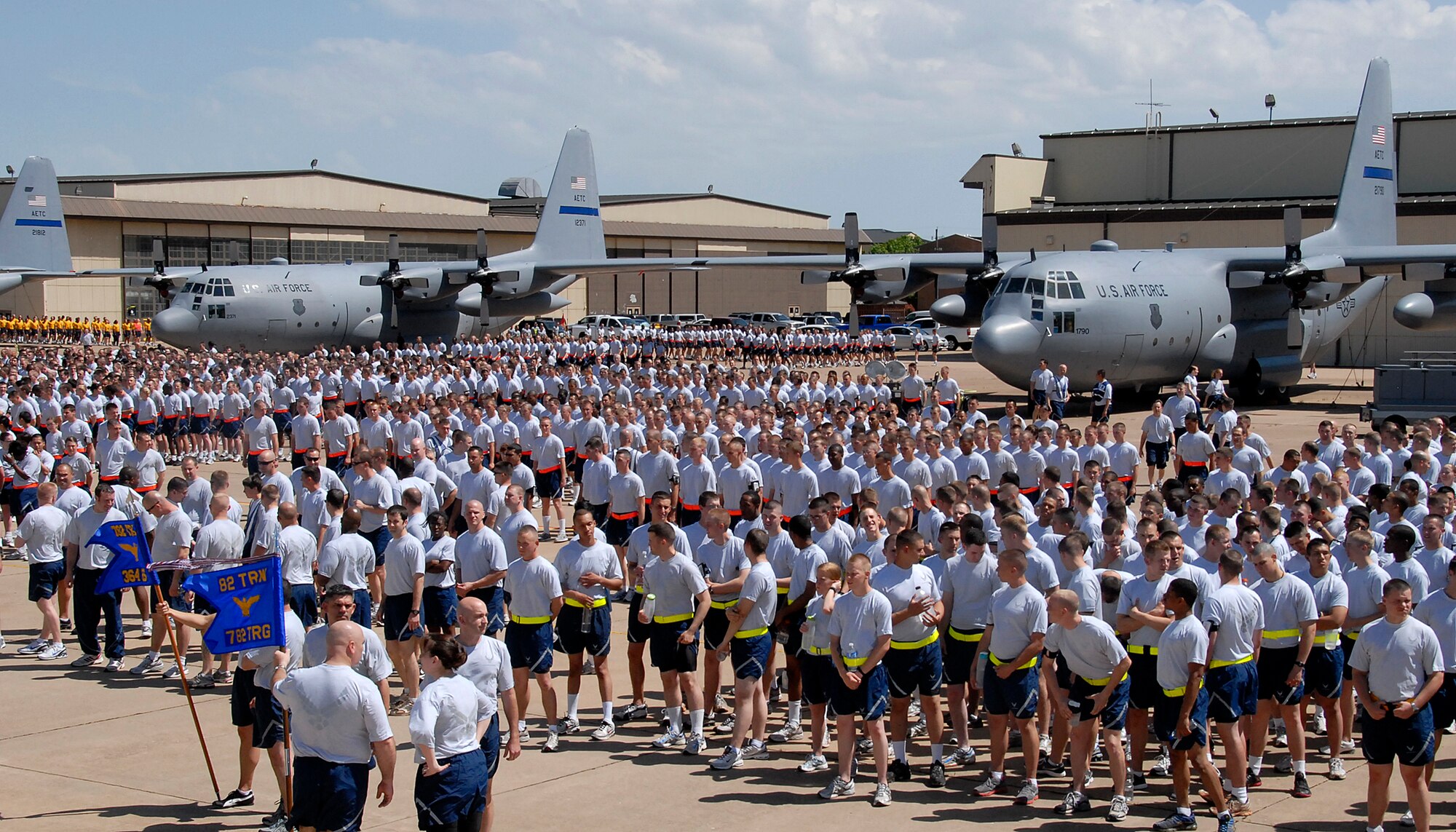 Airmen and civilians assigned to the 82nd Training Wing fall into formation in preparation for the Wing Run April 23, 2010. The Wing Run tradition is a tool used to emphasize physical fitness, increase morale and wing unity. (U.S. Air Force photo/Mike Litteken)