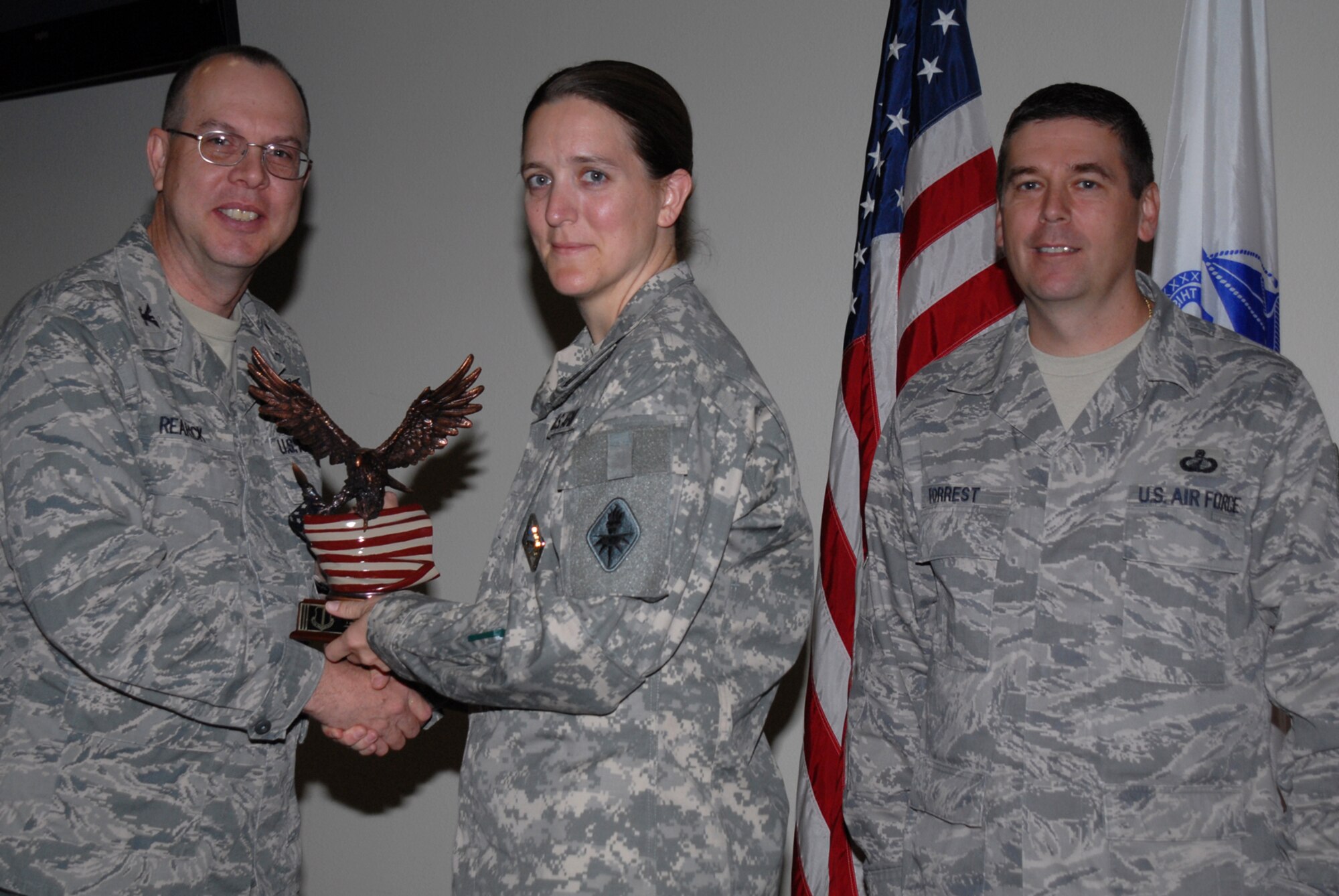 GOODFELLOW AIR FORCE BASE, Texas -- Army Staff Sgt. Jill Markley, 344th Military Intelligence Battalion, receives Team Goodfellow NCO of the Quarter during the wing quarterly award ceremony, April 27, 2010. (U.S. Air Force photo/Staff Sgt. Laura R. McFarlane)
