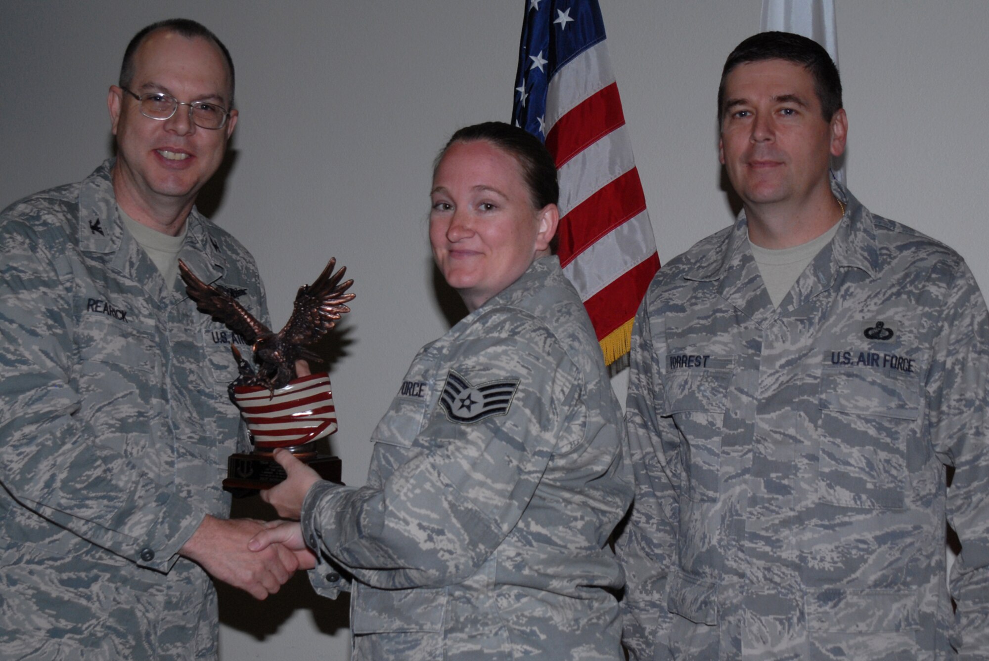GOODFELLOW AIR FORCE BASE, Texas -- Staff Sgt. Patricia Vigil, 315th Training Squadron, receives Team Goodfellow Volunteer of the Quarter during the wing quarterly award ceremony, April 27, 2010. (U.S. Air Force photo/Staff Sgt. Laura R. McFarlane)
