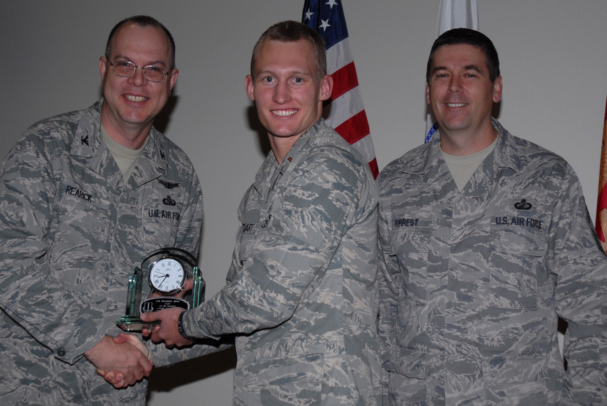 GOODFELLOW AIR FORCE BASE, Texas -- 2nd Lt. Michael Steuart, 17th Civil Engineer Squadron, receives 17th Training Wing CGO of the Quarter during the wing quarterly award ceremony, April 27, 2010. (U.S. Air Force photo/Staff Sgt. Laura R. McFarlane)
