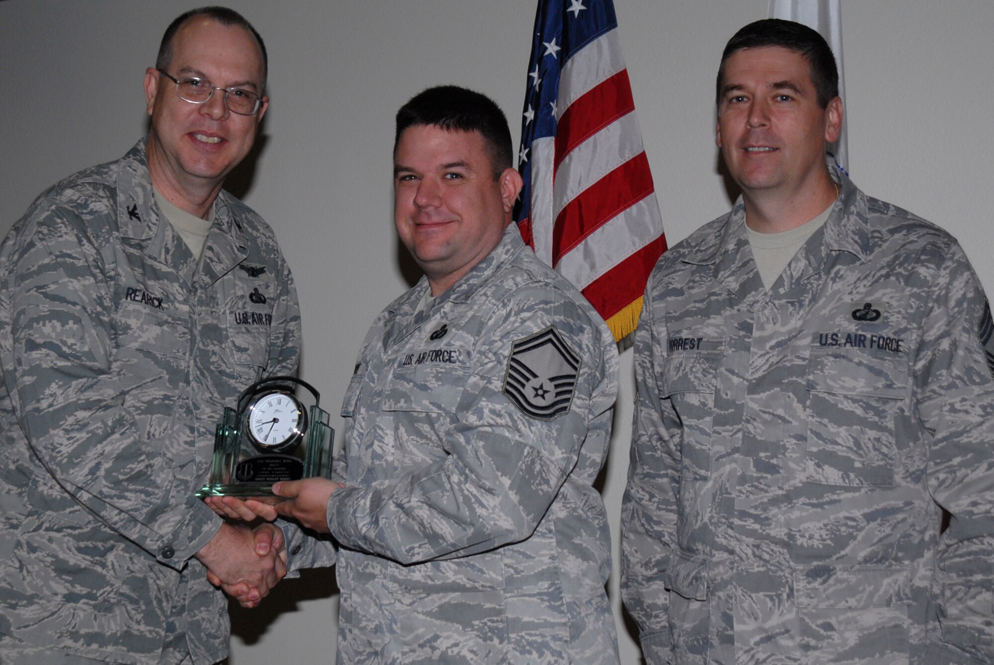 GOODFELLOW AIR FORCE BASE, Texas -- Senior Master Sgt. Robert Burke, 17th Comptroller Squadron, receives 17th Training Wing Senior NCO of the Quarter during the wing quarterly award ceremony, April 27, 2010. (U.S. Air Force photo/Staff Sgt. Laura R. McFarlane)
