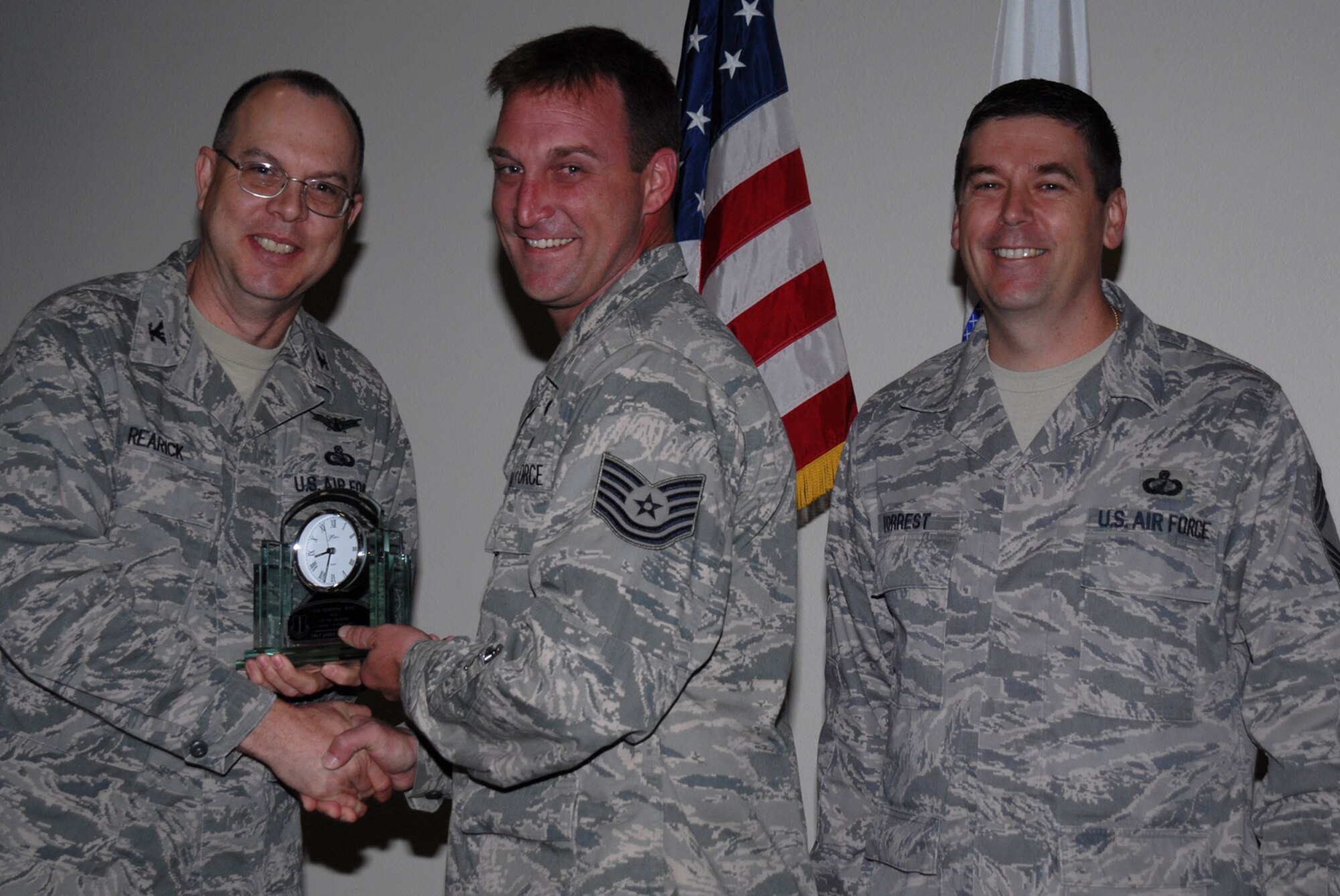 GOODFELLOW AIR FORCE BASE, Texas -- Tech. Sgt. James Fountain, 17th Training Wing safety office, receives 17th Training Wing NCO of the Quarter during the wing quarterly award ceremony, April 27, 2010. (U.S. Air Force photo/Staff Sgt. Laura R. McFarlane)
