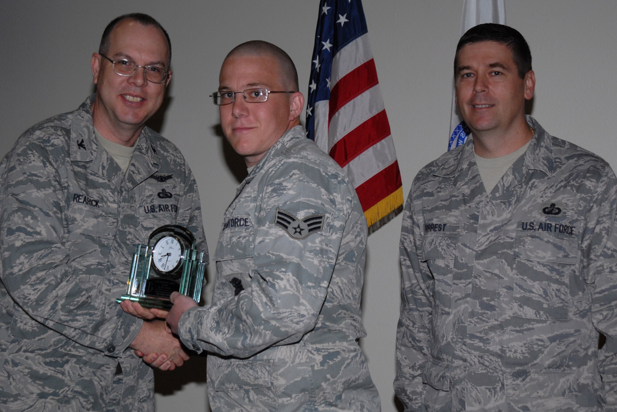 GOODFELLOW AIR FORCE BASE, Texas -- Senior Airman Mikael Rose, 17th Security Forces Squadron, receives 17th Training Wing Airman of the Quarter during the wing quarterly award ceremony, April 27, 2010. (U.S. Air Force photo/Staff Sgt. Laura R. McFarlane)
