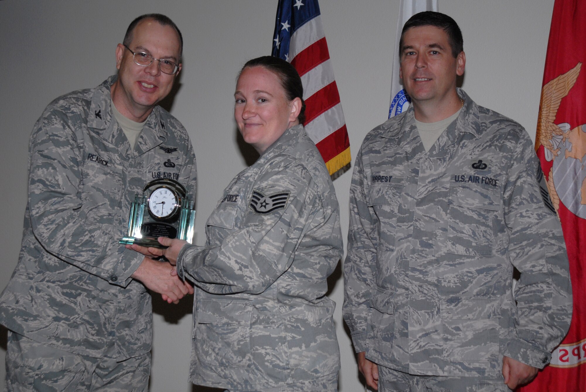 GOODFELLOW AIR FORCE BASE, Texas -- Staff Sgt. Patricia Vigil, 315th Training Support Squadron, receives 17th Training Wing Volunteer of the Quarter during the wing quarterly award ceremony, April 27, 2010. (U.S. Air Force photo/Staff Sgt. Laura R. McFarlane)

