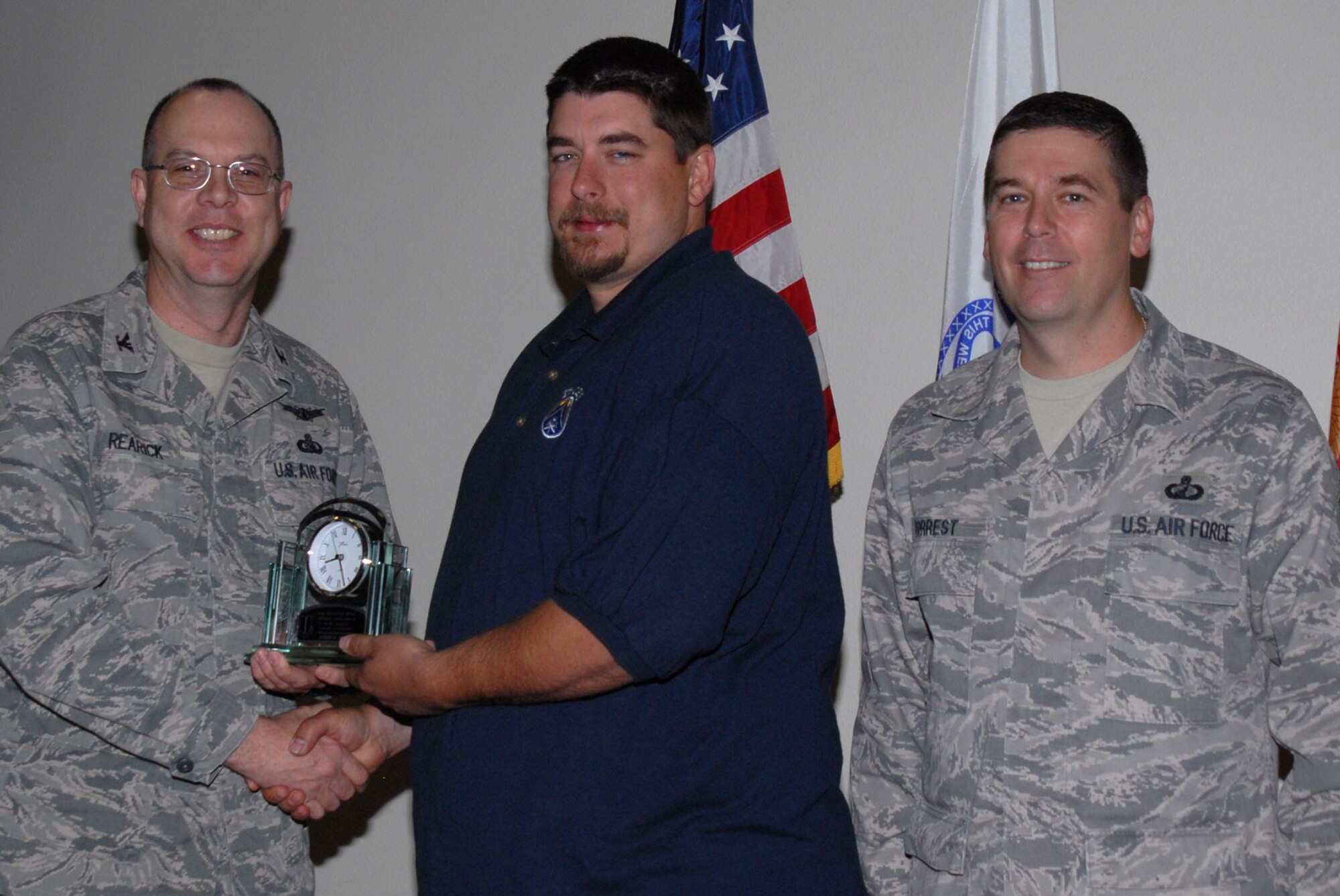GOODFELLOW AIR FORCE BASE, Texas -- Joshua Allen, 17th Civil Engineer Squadron, receives 17th Training Wing Civilian of the Quarter Category 2 during the wing quarterly award ceremony, April 27, 2010. (U.S. Air Force photo/Staff Sgt. Laura R. McFarlane)

