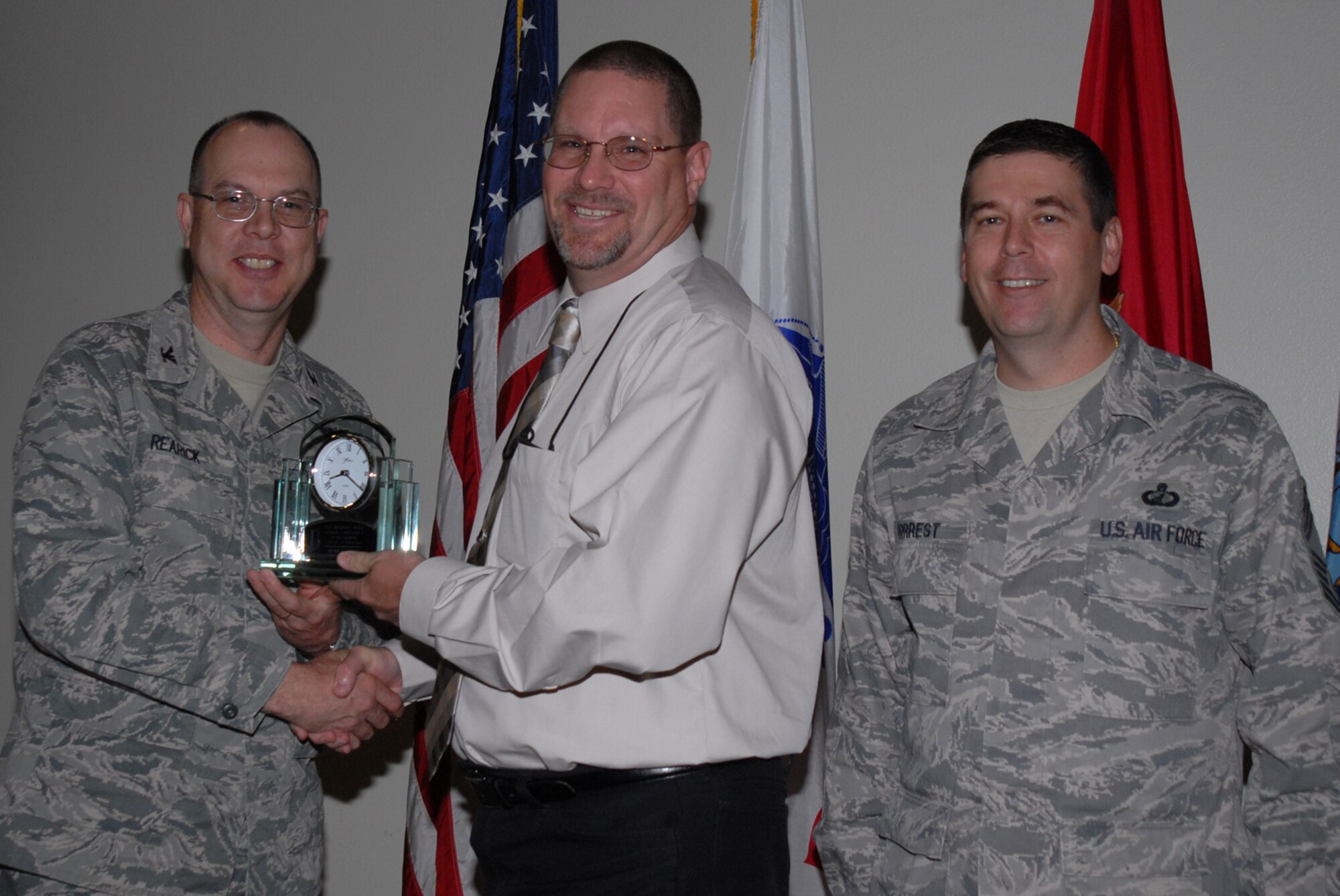 GOODFELLOW AIR FORCE BASE, Texas -- Kevin Groff, 17th Training Group, receives 17th Training Wing Civilian of the Quarter Category 1 during the wing quarterly award ceremony, April 27, 2010. (U.S. Air Force photo/Staff Sgt. Laura R. McFarlane)
