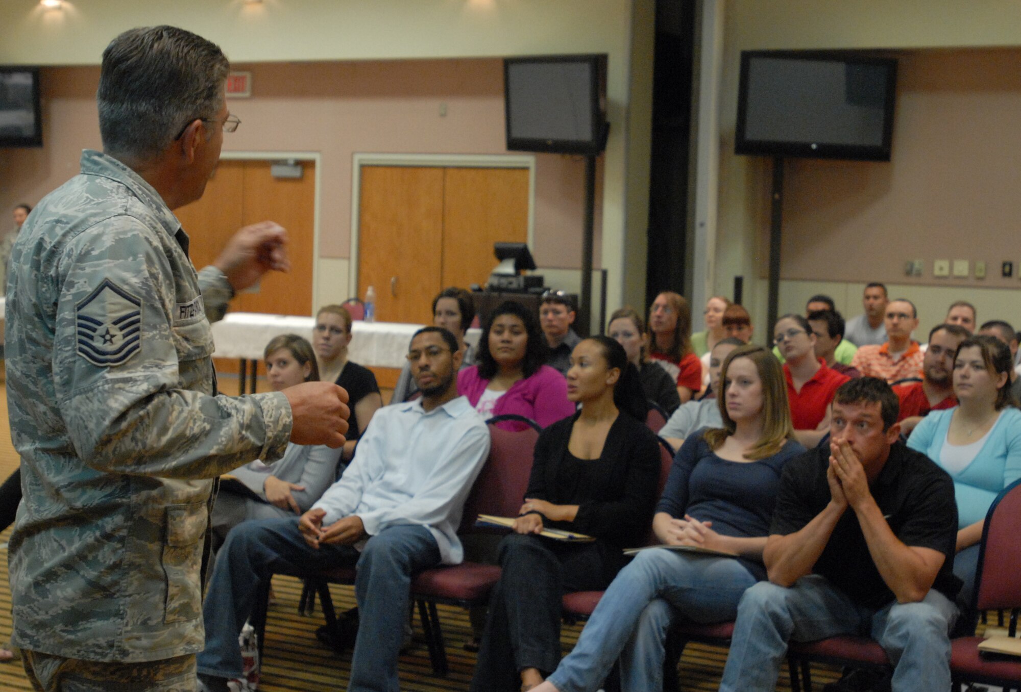 Master Sgt. Dean Fitzpatrick, In Service Reserve Recruiter, briefs members of the Individual Ready Reserve on the Air Force Reserve during an IRR Muster at Goodfellow AFB, Texas April 23.  A muster is held each year for individuals in the IRR to update personal information and receive information on benefits. (U.S. Air Force photo by Master Sgt. Randy Mallard)