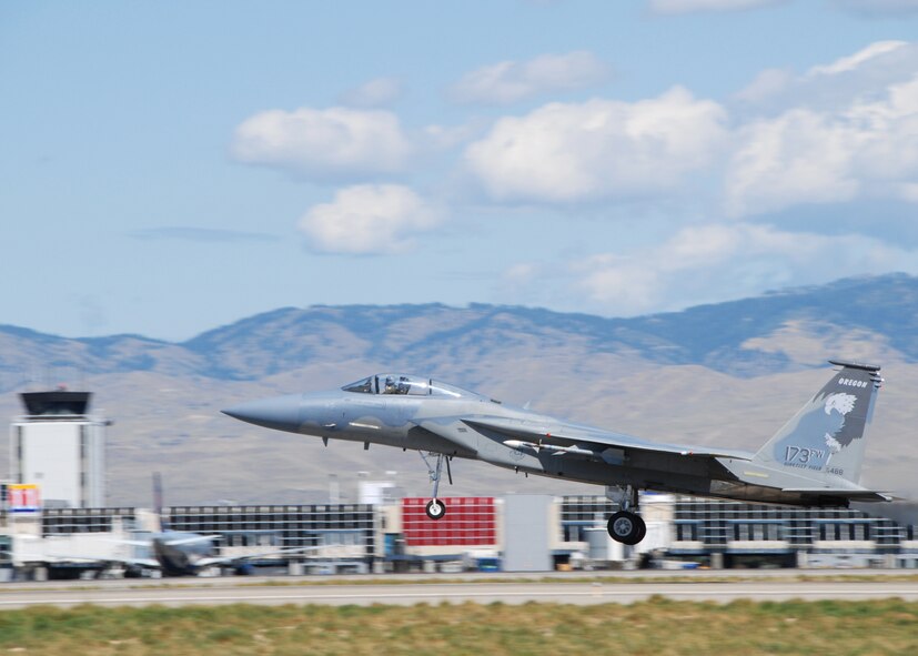 GOWEN FIELD, Idaho -- An F-15 Eagle from the 173rd Fighter Wing, Ore. Air National Guard, takes off for a routine training mission at Gowen Field, Boise, Idaho during Sentry Displacement in August 2009. The 173rd Fighter Wing is temporarily relocated to Gowen Field while the runway at their home base at Kingsley Field in Klamath Falls, Ore., is being repaired. The 173rd FW is responsible for training for new pilots and pilot instructors on air-to-air combat tactics and basic flight instructions on the F-15 from Kingsley Field, Ore.  The 173rd FW also provides specialized training for flight surgeons, dentists, and optometrists on treating the unique physiological problems of pilots. (U.S. Air Force photo/ Tech. Sgt. Jennifer Shirar)