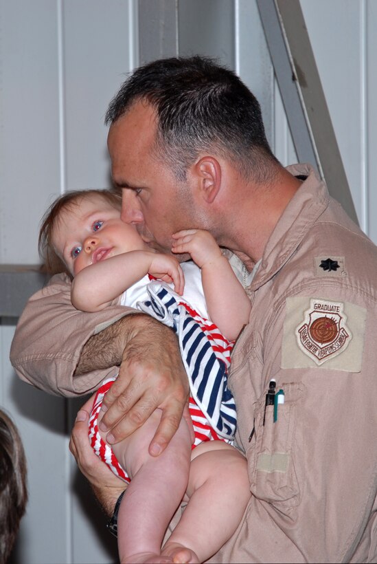 Lt Col. Scott Arbogast, 121 FS Pilot, delivers a kiss to daughter Palmer upon his return from a 52-day deployment in support of Operation Iraqi Freedom, April 6. (U.S. Air Force photo by Tech Sgt. Tyrell Heaton/Released)