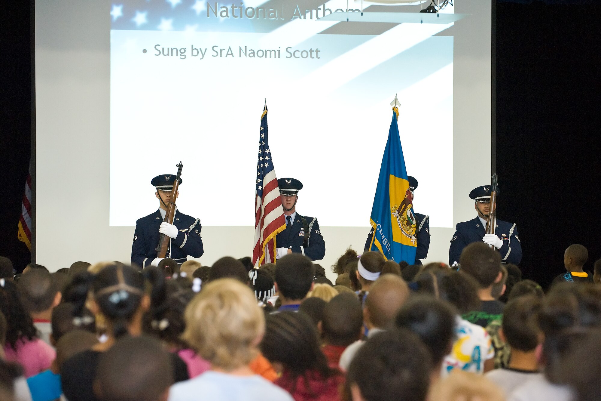Dover Air Force Base Honor Guard present the Colors at South Dover Elementary School April 16. (U.S Air Force photo/Roland Balik)