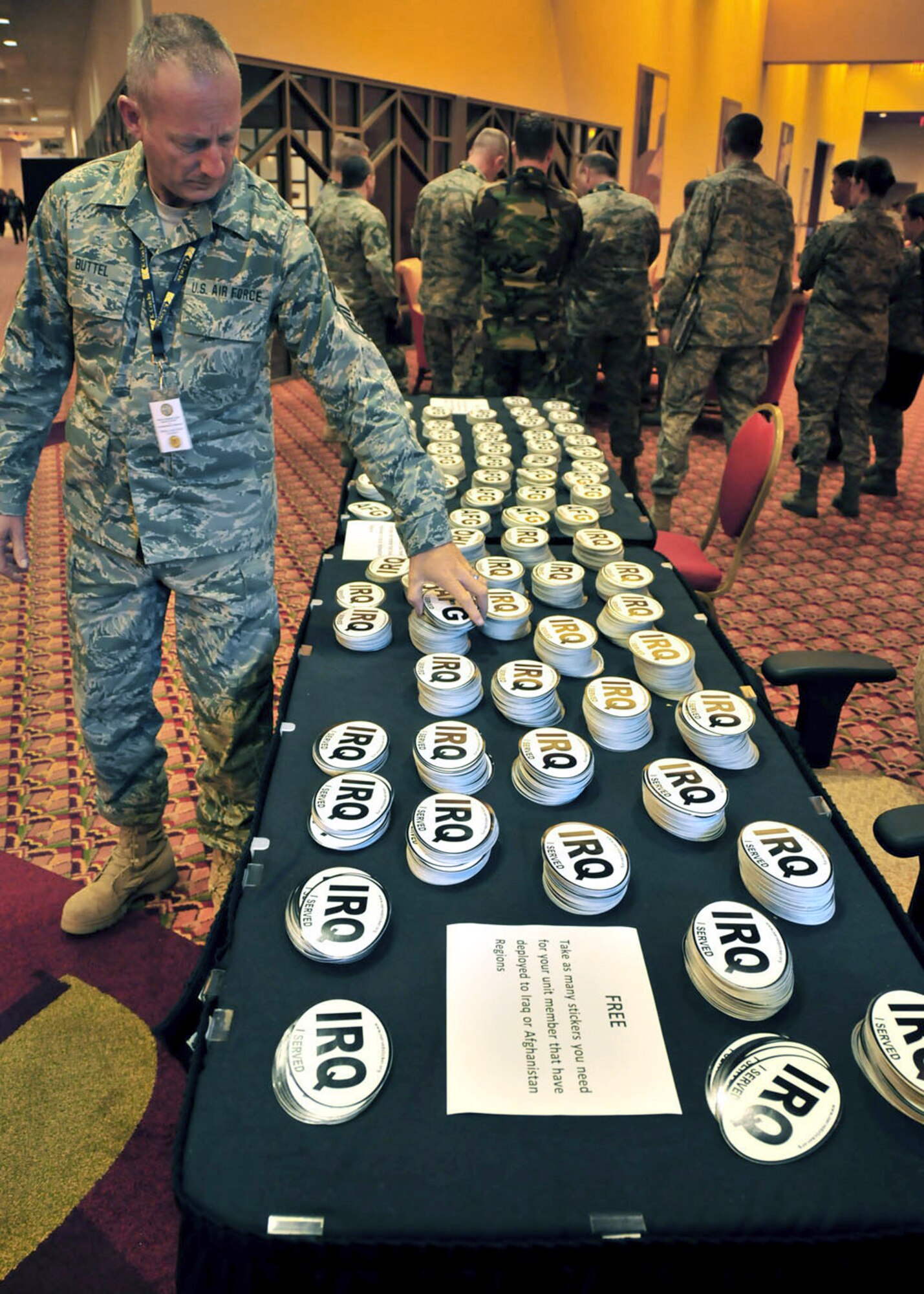 Deployment stickers for Iraq and Afghanistan are left out for Air National Guard civil engineers at the Civil Engineer and Security Forces Conference April 19 through 23, 2010, in Phoenix. (U.S. Air Force photo/Master Sgt. Mike R. Smith)