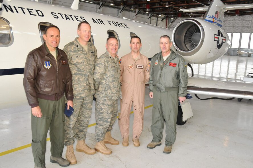 Brig. Gen. Trulan A. Eyre, 140th Wing Commander, Lt. Col. Joseph C. Smith, 200th AS Assistant Director of Operations, Lt. Col. Albert S. Leachman, 200th AS Director of Operations, Lt. Col. Paul E. Follett, 200th AS Commander, and Maj. Gen. H. Michael Edwards, JFHQ-CO TAG just prior to the 200th's first deployment in support of OIF.
