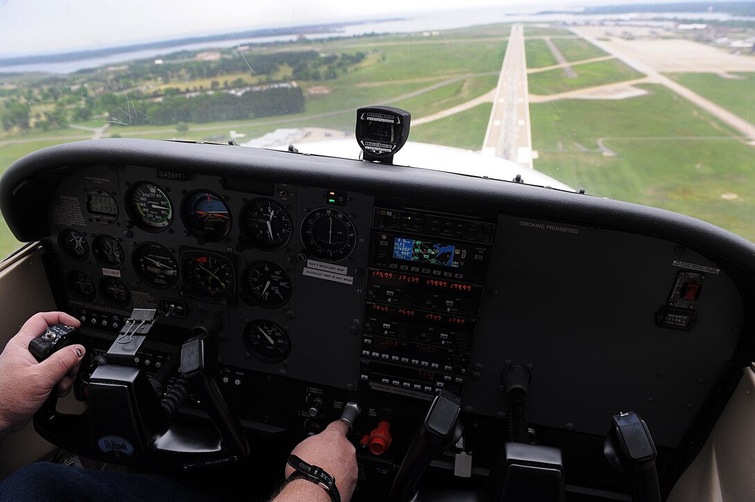 LANGLEY AIR FORCE BASE, Va. – Bob “Dad” Johnson, Langley Aero Club flight instructor, approaches the flight line in a Cessna 172 Skyhawk during the spring 2010 Open House April 24. The club provides the opportunity for Airmen and their dependents to earn a pilot’s license. (U.S. Air Force photo/Airman Rebecca Montez)