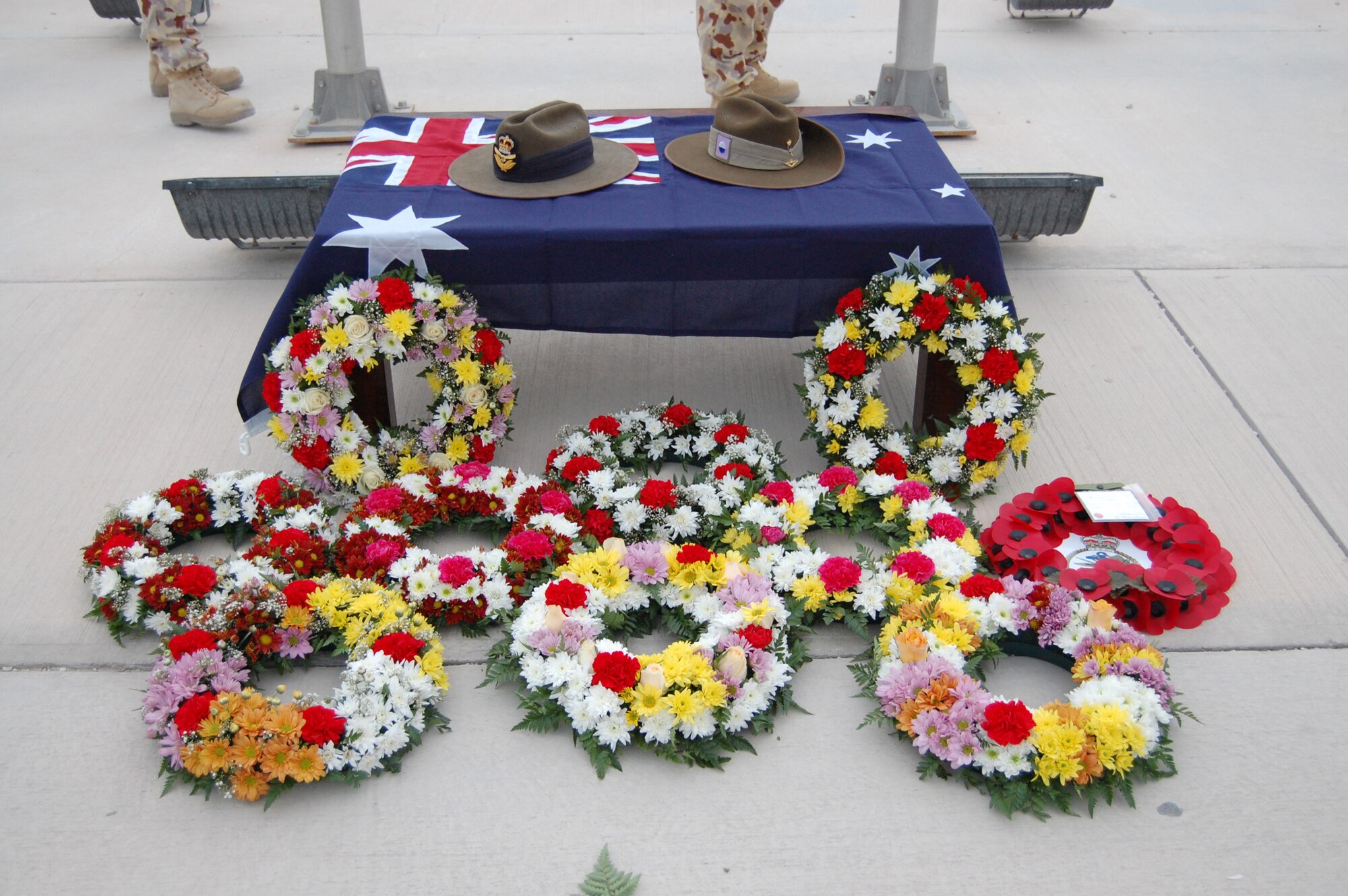 Memorial wreaths honor members of the Australian and New Zealand Army Corps (ANZAC). (U.S. Air Force photo/Maj. Chad Steffey)