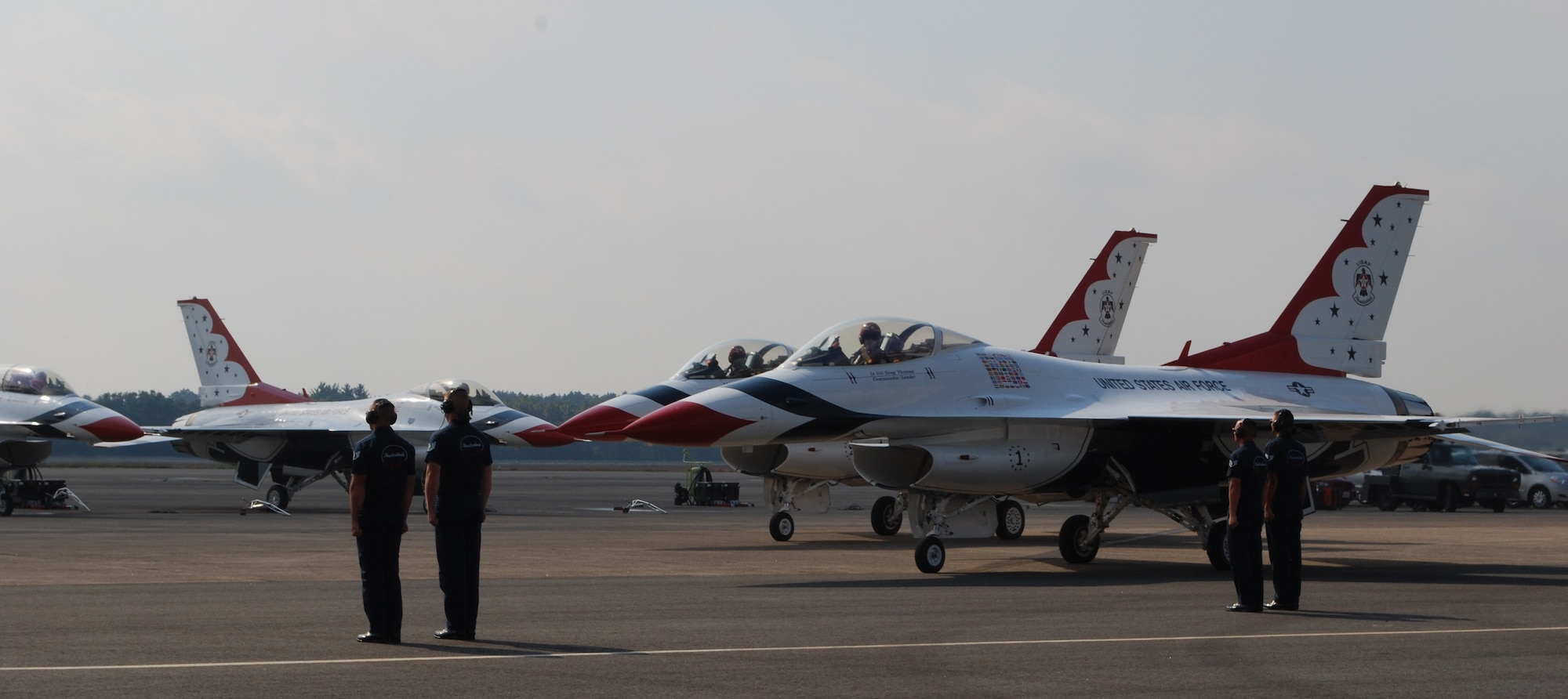 The US Air Force Thunderbirds taxi to Westover's runway Sept. 5, 2008, for a practice air show. Although the team won't be at Westover this year, they will perform at Barnes Air National Guard Base in Westfield, Mass. Aug. 21-22. (US Air Force photo/Tech. Sgt. Andrew Biscoe)