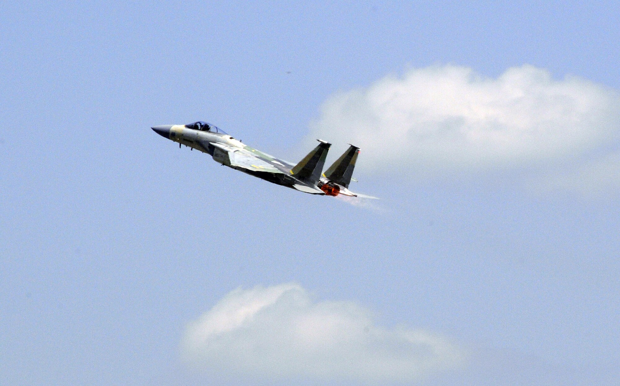 Maj. Dante C. Badia, test pilot, flies the rewired F-15  during a test flight April 21. U. S. Air Force photo by Sue Sapp