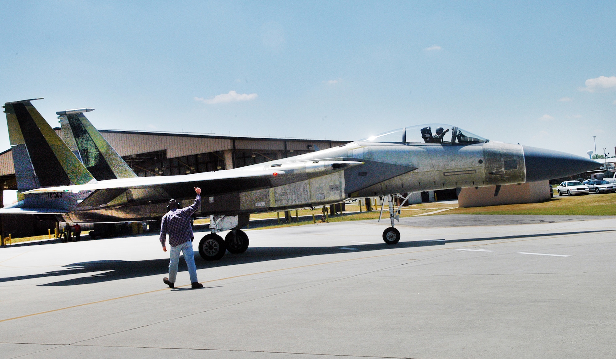 Maj. Dante C. Badia, test pilot, taxies the rewired F-15 to the runway for a test flight April 21. U. S. Air Force photo by Sue Sapp