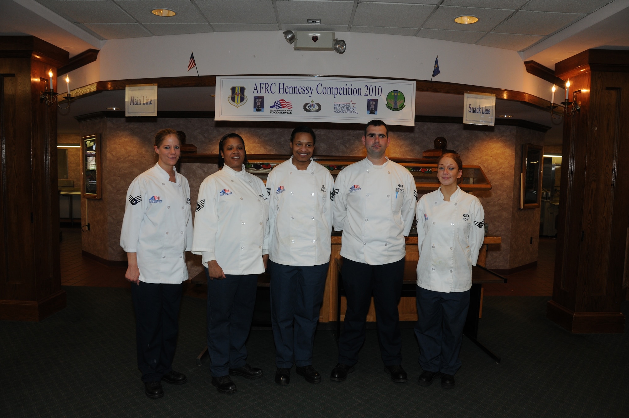 From left to right Team B consisted of food service specialists Senior Airman Sarah Kowalczyk, Staff Sgt. Patricia Fountaine, Tech. Sgt. Deonza Eady (Team B's trainer), Senior Airmen David Siegel, and Emily Roy. (U.S. Air Force photo/Staff Sgt. Peter Dean)


The team was led by trainer Tech. Sgt. Deonza Eady with food service specialists Staff Sgt. Patricia Fountaine, Senior Airmen David Siegel, Sarah Kowalczyk, and Emily Roy.
