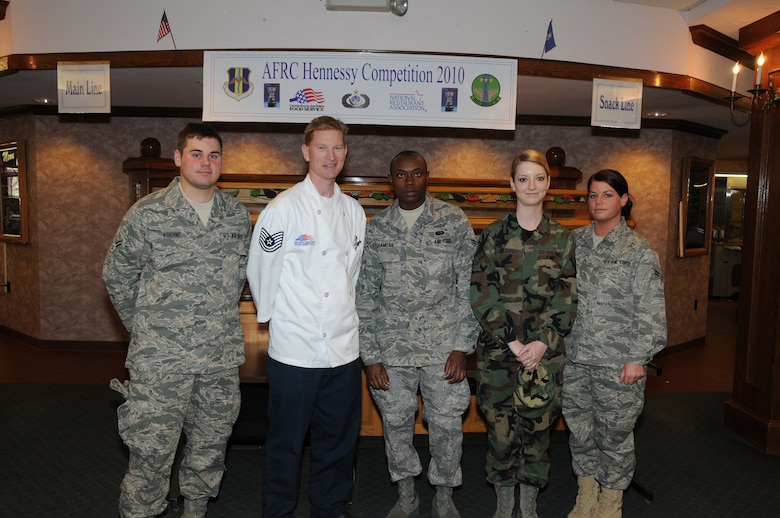 From left to right Team A consisted of food service specialists Airman 1st Class Raymond Koehne Tech. Sgt. John Eagan (Team A's Trainer) Airman 1st Class Joshua Asamoah, Senior Airman Evelyn Orlowski and Airman 1st Class Heather Grimm.  (U.S. Air Force photo/Staff Sgt. Peter Dean)