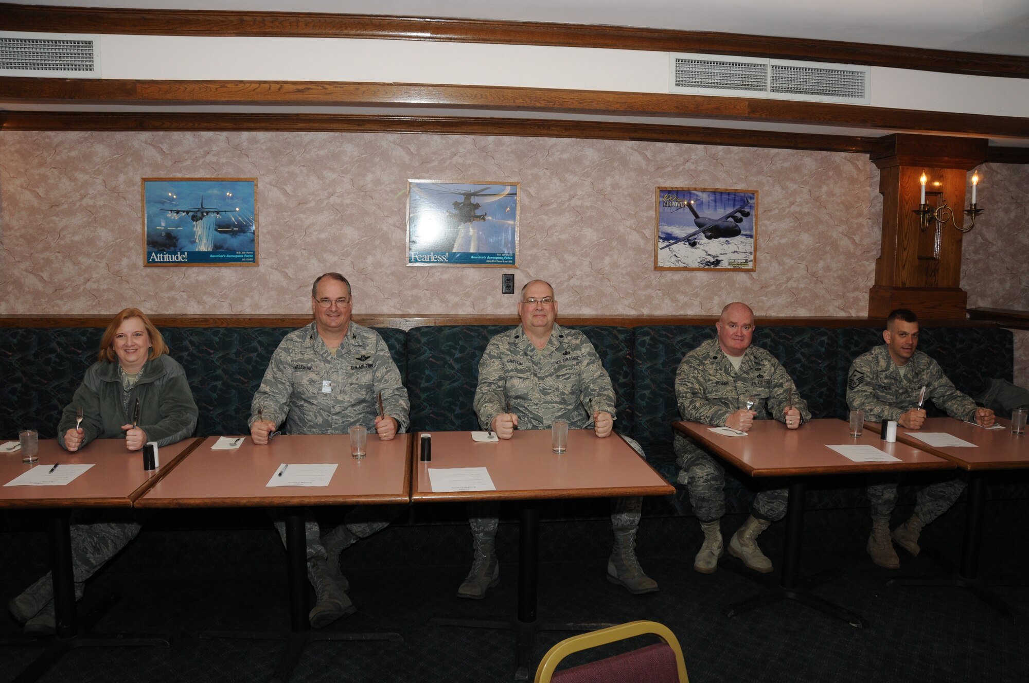 The esteemed panel of judges from (left to right)  Lt. Col. Linda Blaszak, Col. Timothy Vaughan, Lt. Colonels Barry Griffith, and Patrick Roemer, and Master Sgt. Randall Shenefiel eagerly await their meal. (U.S. Air Force photo/Staff Sgt. Peter Dean)

