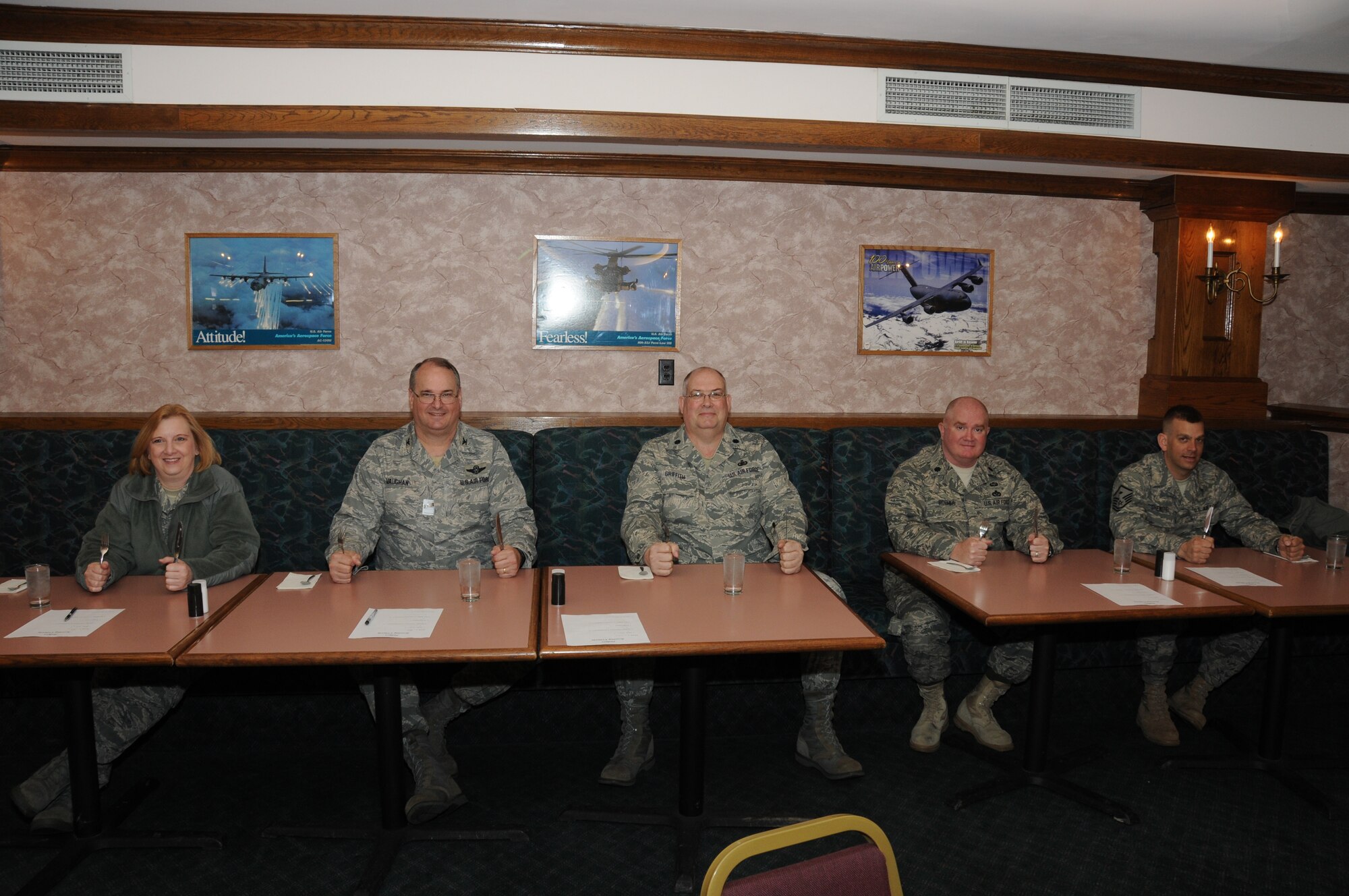 The esteemed panel of judges from (left to right)  Lt. Col. Linda Blaszak, Col. Timothy Vaughan, Lt. Colonels Barry Griffith, and Patrick Roemer, and Master Sgt. Randall Shenefiel eagerly await their meal. (U.S. Air Force photo/Staff Sgt. Peter Dean)

