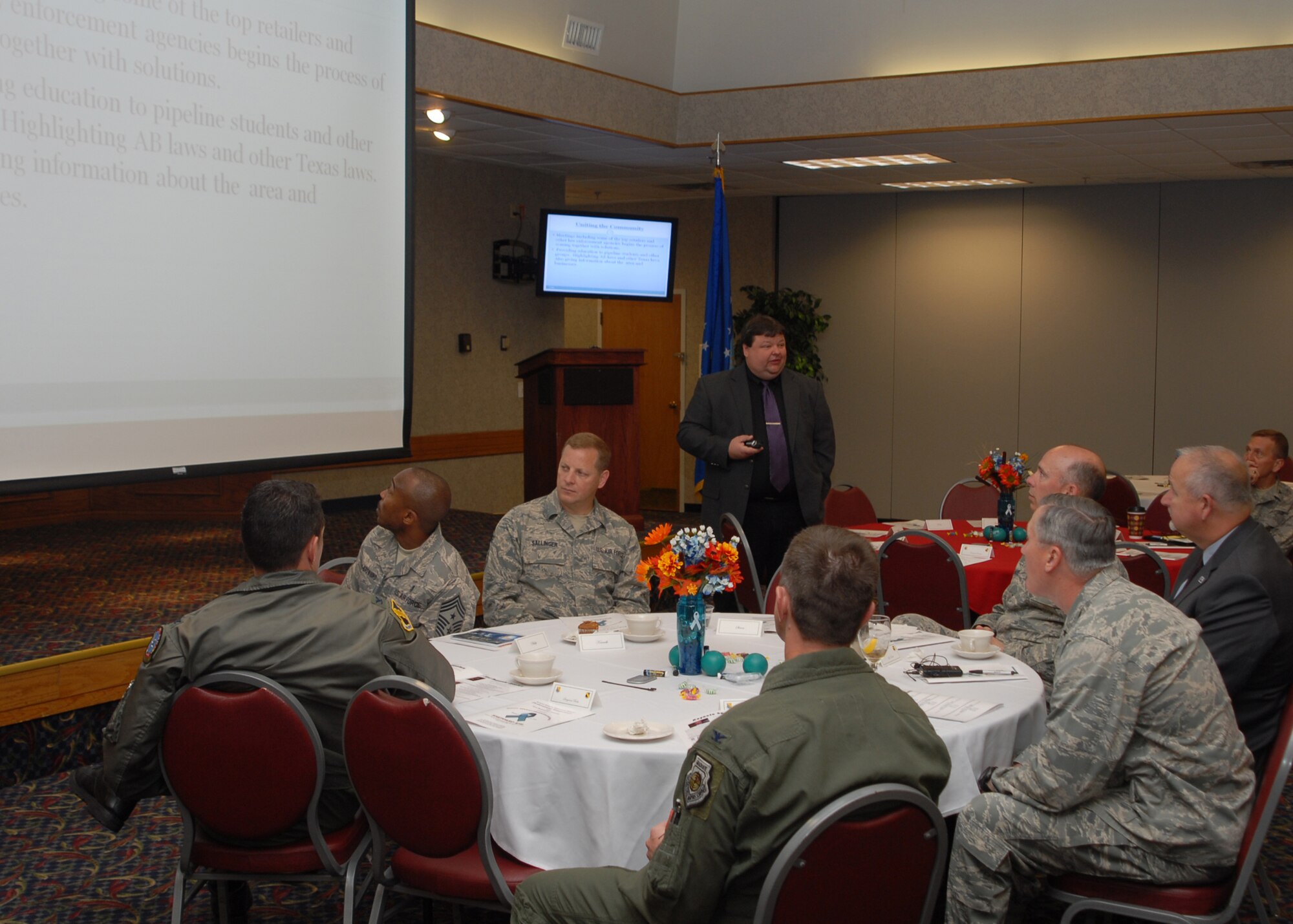 Sheppard leadership hear about their roles as sexual assault first responders during the annual Sexual Assault Response Coordinator Professional Symposium at the Sheppard Club April 27.  The Wichita County District Attorney's office, Texas Alcohol Beverage Commission, National Institute of Crime Prevention and United Regional Health Care System were presenters for the event hosted by Sheppard's Sexual Assault Prevention and Response Office.  (U.S. Air Force photo/Lou Anne Sledge)