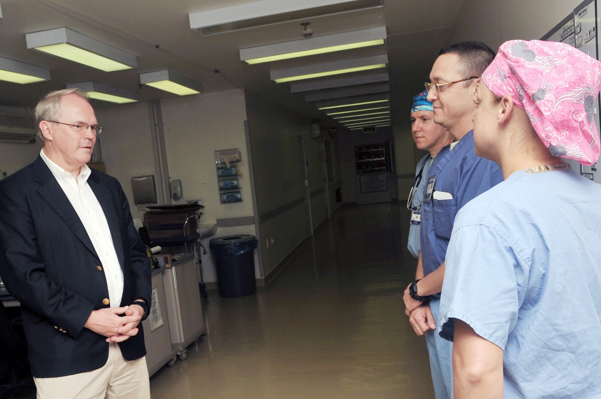 332nd Expeditionary Medical Group personnel give U.S. Ambassador to Iraq Christopher Hill a tour of their section during his visit to the Air Force Theater Hospital April 23, 2010, at Joint Base Balad, Iraq. (U.S. Air Force photo/Senior Airman Brittany Y. Bateman)