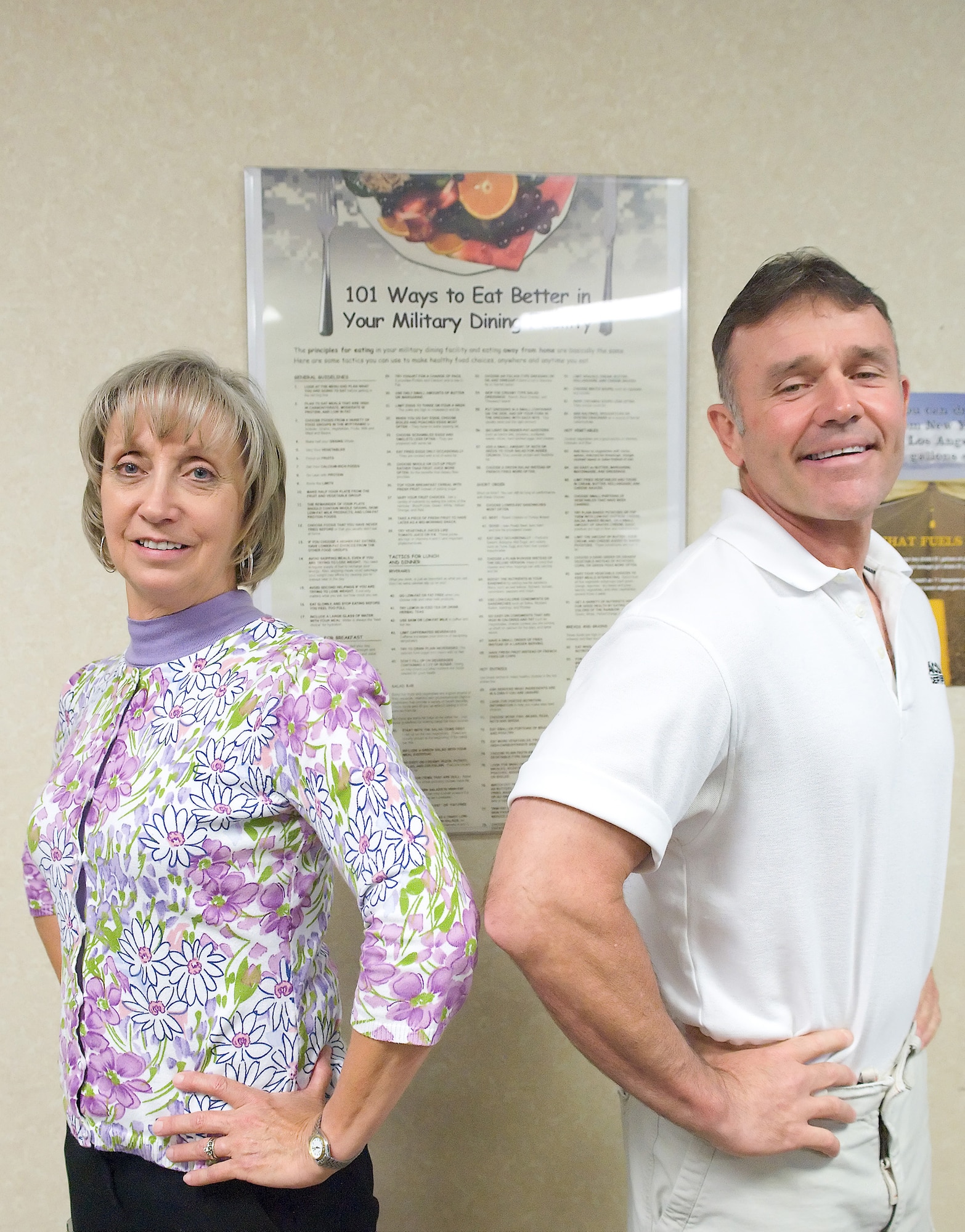 (Left to right) Kate Jennings, 436th Aerospace Medicine Squadron Health and Wellness Center registered dietitian and nutrition program manager, John Walters, 436th AMDS HAWC fitness program manager, are helping Team Dover members make a lifestyle change through the John and Kate Minus Weight Program. Mr. Walter?s portion of the program will fit the person?s individual exercise needs. Ms. Jennings? portion of the program will help with nutritional. The program is also available to help dependents and families make improvements in exercise and nutrition. (U.S Air Force photo/ Brianne Zimny)