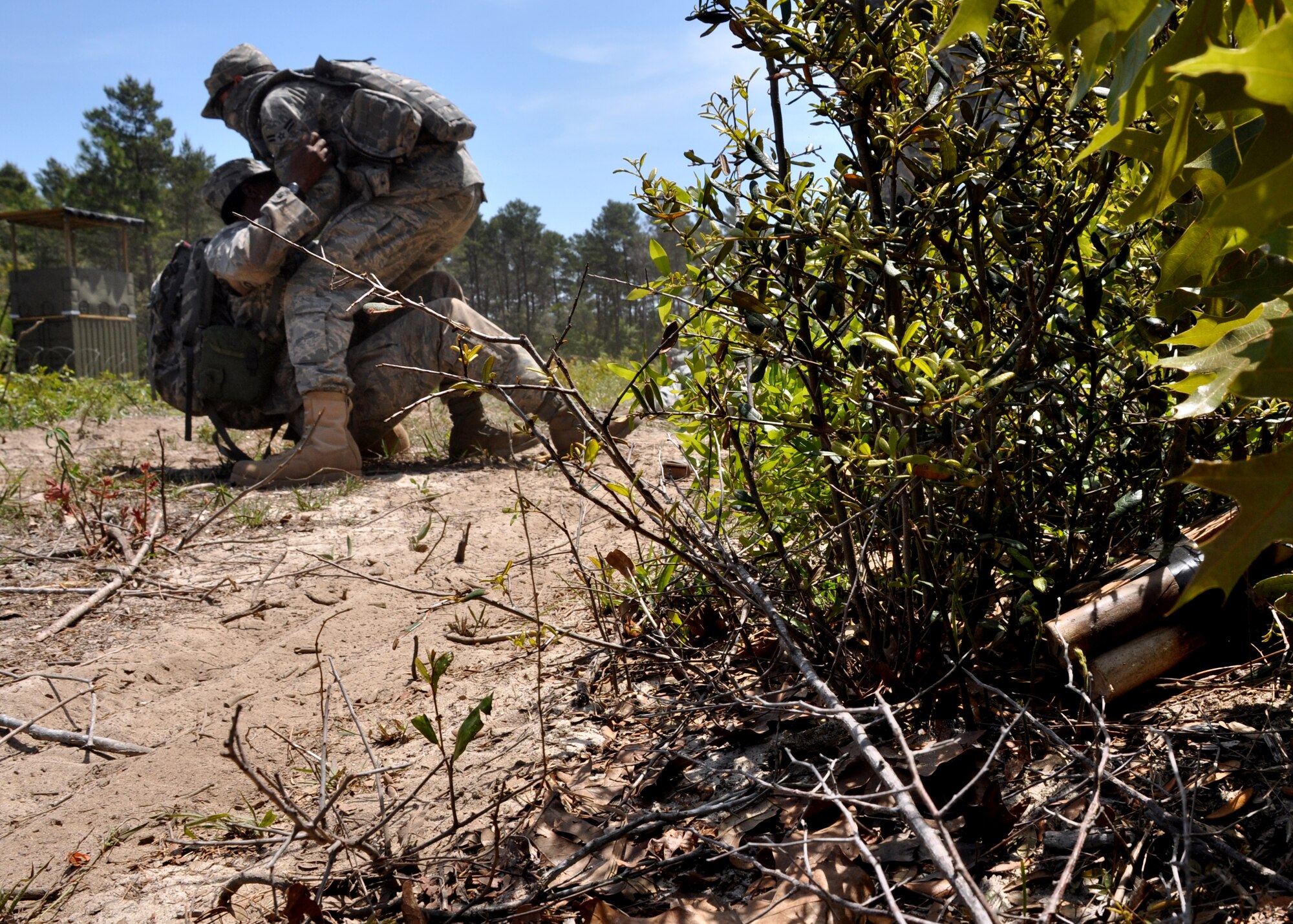 EGLIN AIR FORCE BASE, Fla. – A simulated improvised explosive device kills and injures several Airmen from the 316th Security Forces Squadron (Andrews AFB, Washington D.C.) during the Counter-IED portion of Brave Defenders training April 22. The team was the first to experience Counter-IED, the newest addition to the training. Brave Defenders is a 16-day program training security forces members from various bases across the country in preparation for deployment to combat zones. The course opened here in 2002 and was established by Air Force Materiel Command to satisfy security forces training requirements in an expeditionary environment. (U.S. Air Force photo/ Airman 1st Class Anthony Jennings)