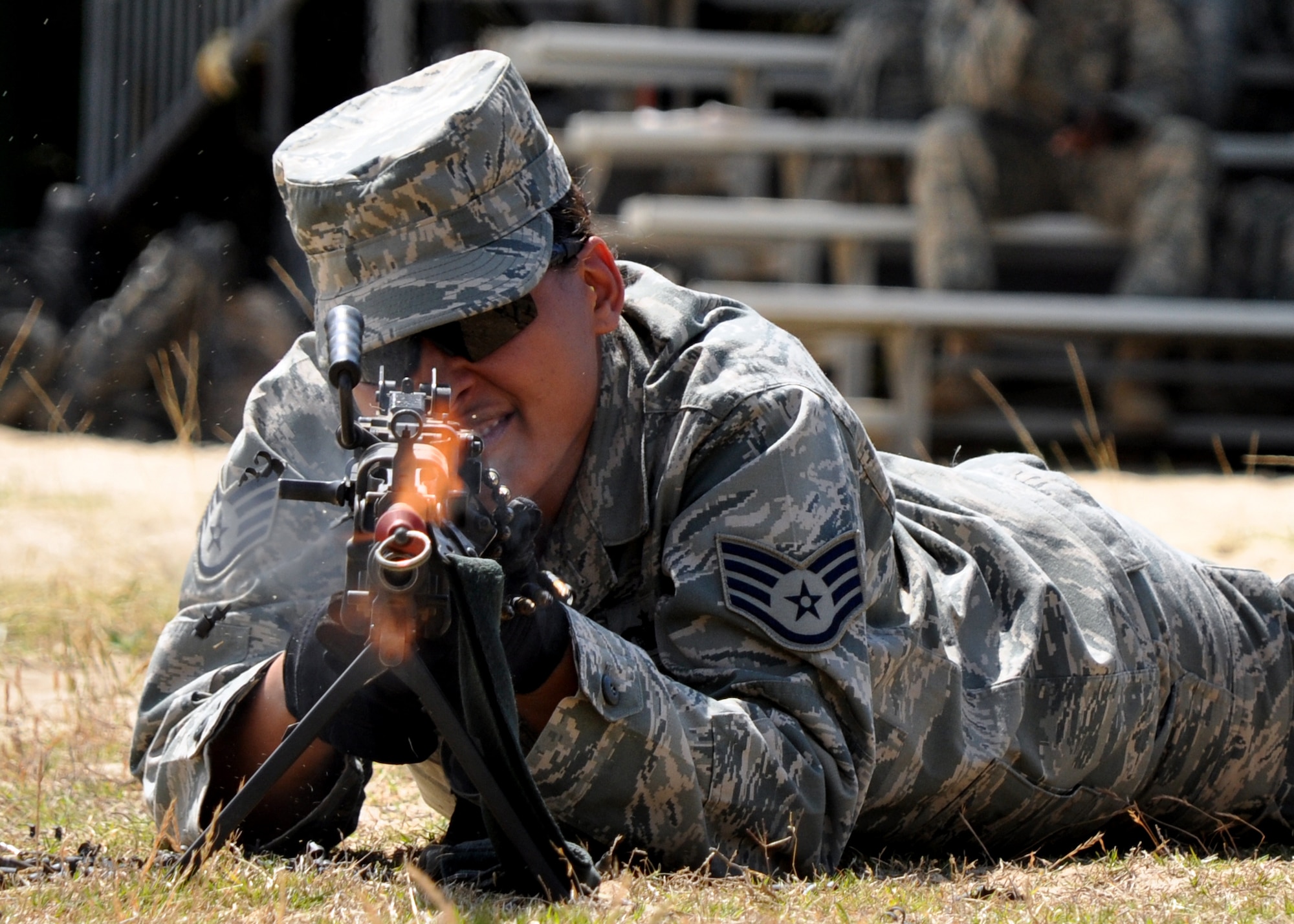 EGLIN AIR FORCE BASE, Fla. – A security forces Airman fires blanks from an M249 during the weapons familiarization portion of Brave Defenders training April 22. The 16-day program trains security forces members from various bases across the country for deployment to combat zones. The course opened here in 2002 and was established by Air Force Materiel Command to satisfy security forces training requirements in an expeditionary environment. (U.S. Air Force photo/ Airman 1st Class Anthony Jennings)