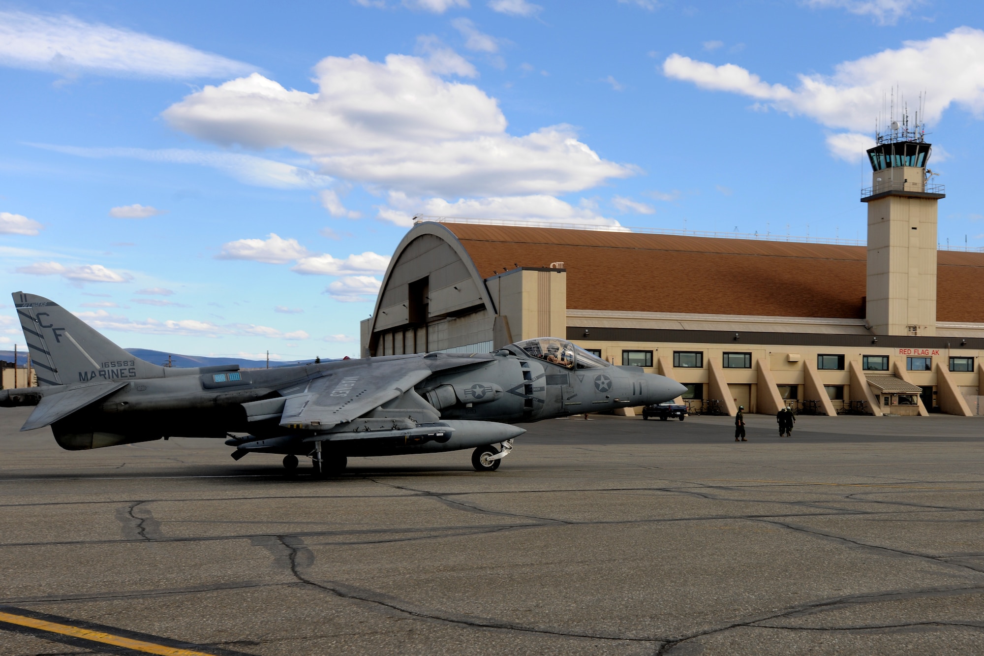 A Marine AV-8B Harrier, Marine Corps Air Station, Yuma, AZ., taxis to the runway during RED FLAG-Alaska 10-2, April 27, 2010, Eielson Air Force Base, Alaska.  RF-A is a Pacific Air Forces-directed field training exercise for United States and coalition forces under simulated combat conditions. (U.S. Air Force photo by Staff Sgt. Tia Wilson)