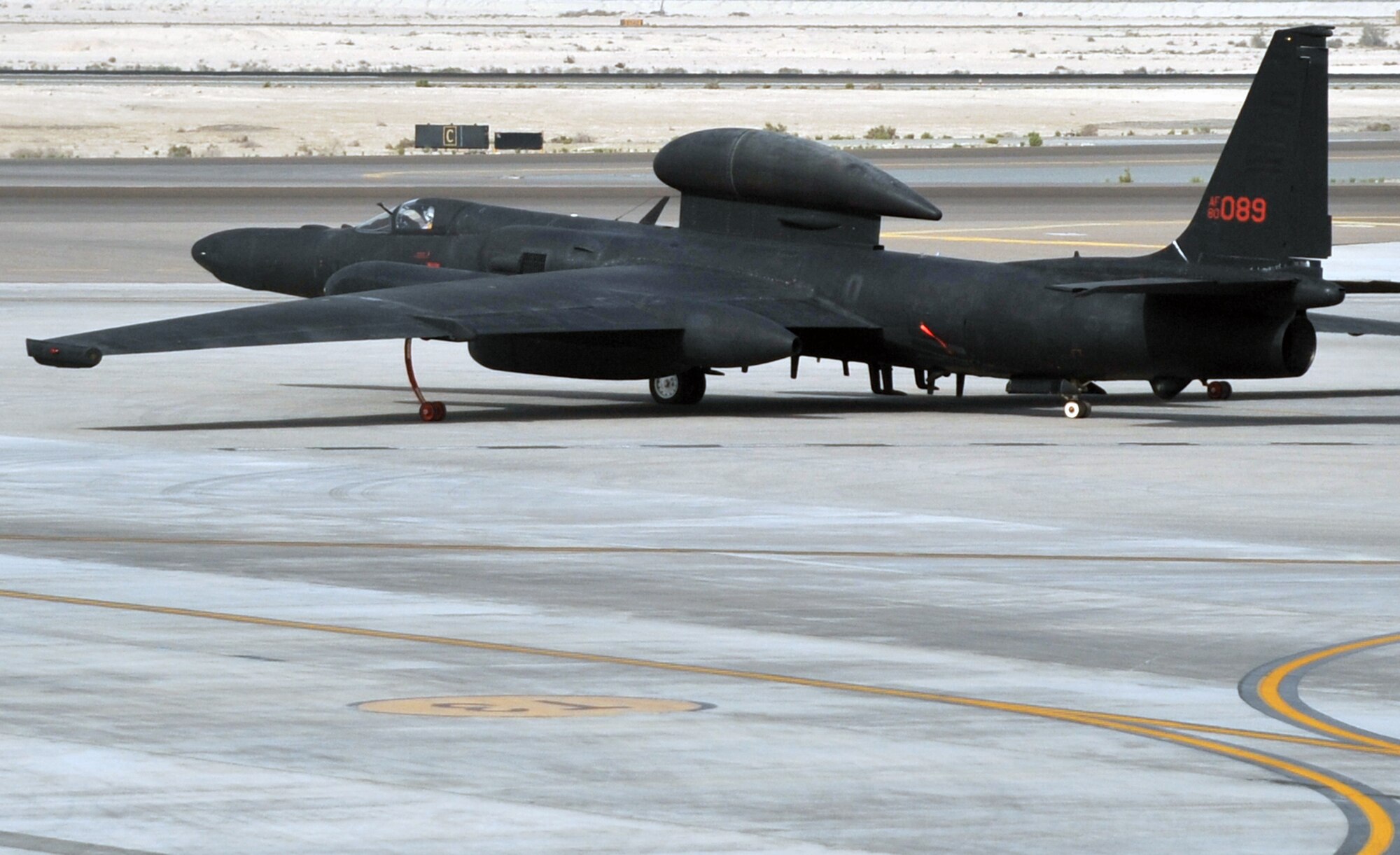 A pilot guides a U-2 Dragon Lady across the air field April 24, 2010, en route to a mission in support of operations in the U.S. Central Command area of responsibility from a non-disclosed base in Southwest Asia. The pilot and the U-2 are with the 99th Expeditionary Reconnaissance Squadron, a unit of the 380th Air Expeditionary Wing.  Through the first three months of 2010, U-2s from the 99th ERS flew nearly 200 missions in support of intelligence, surveillance and reconnaissance requirements for deployed forces supporting operations Iraqi Freedom and Enduring Freedom and the Combined Joint Task Force-Horn of Africa. (U.S. Air Force Photo/Master Sgt. Scott T. Sturkol/Released)