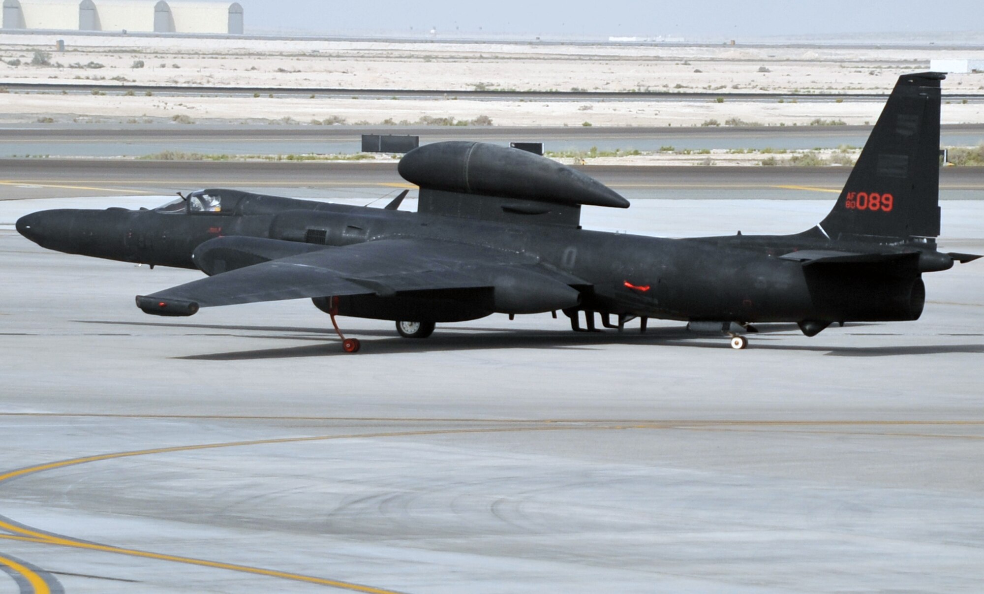 A pilot guides a U-2 Dragon Lady across the air field April 24, 2010, en route to a mission in support of operations in the U.S. Central Command area of responsibility from a non-disclosed base in Southwest Asia. The pilot and the U-2 are with the 99th Expeditionary Reconnaissance Squadron, a unit of the 380th Air Expeditionary Wing.  Through the first three months of 2010, U-2s from the 99th ERS flew nearly 200 missions in support of intelligence, surveillance and reconnaissance requirements for deployed forces supporting operations Iraqi Freedom and Enduring Freedom and the Combined Joint Task Force-Horn of Africa. (U.S. Air Force Photo/Master Sgt. Scott T. Sturkol/Released)