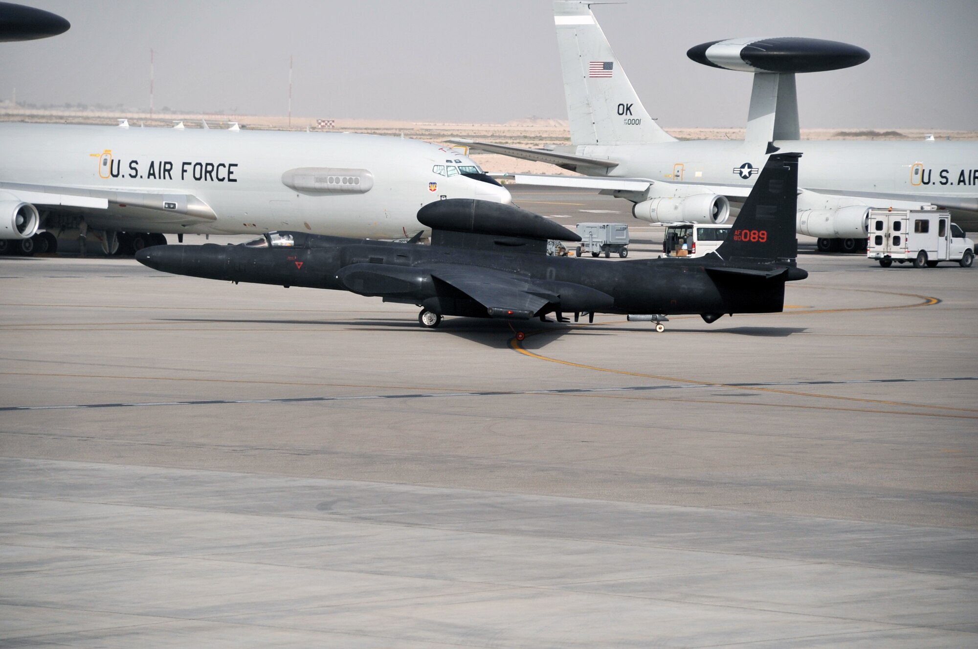 A pilot guides a U-2 Dragon Lady across the air field April 24, 2010, en route to a mission in support of operations in the U.S. Central Command area of responsibility from a non-disclosed base in Southwest Asia. The pilot and the U-2 are with the 99th Expeditionary Reconnaissance Squadron, a unit of the 380th Air Expeditionary Wing.  Through the first three months of 2010, U-2s from the 99th ERS flew nearly 200 missions in support of intelligence, surveillance and reconnaissance requirements for deployed forces supporting operations Iraqi Freedom and Enduring Freedom and the Combined Joint Task Force-Horn of Africa. (U.S. Air Force Photo/Master Sgt. Scott T. Sturkol/Released)